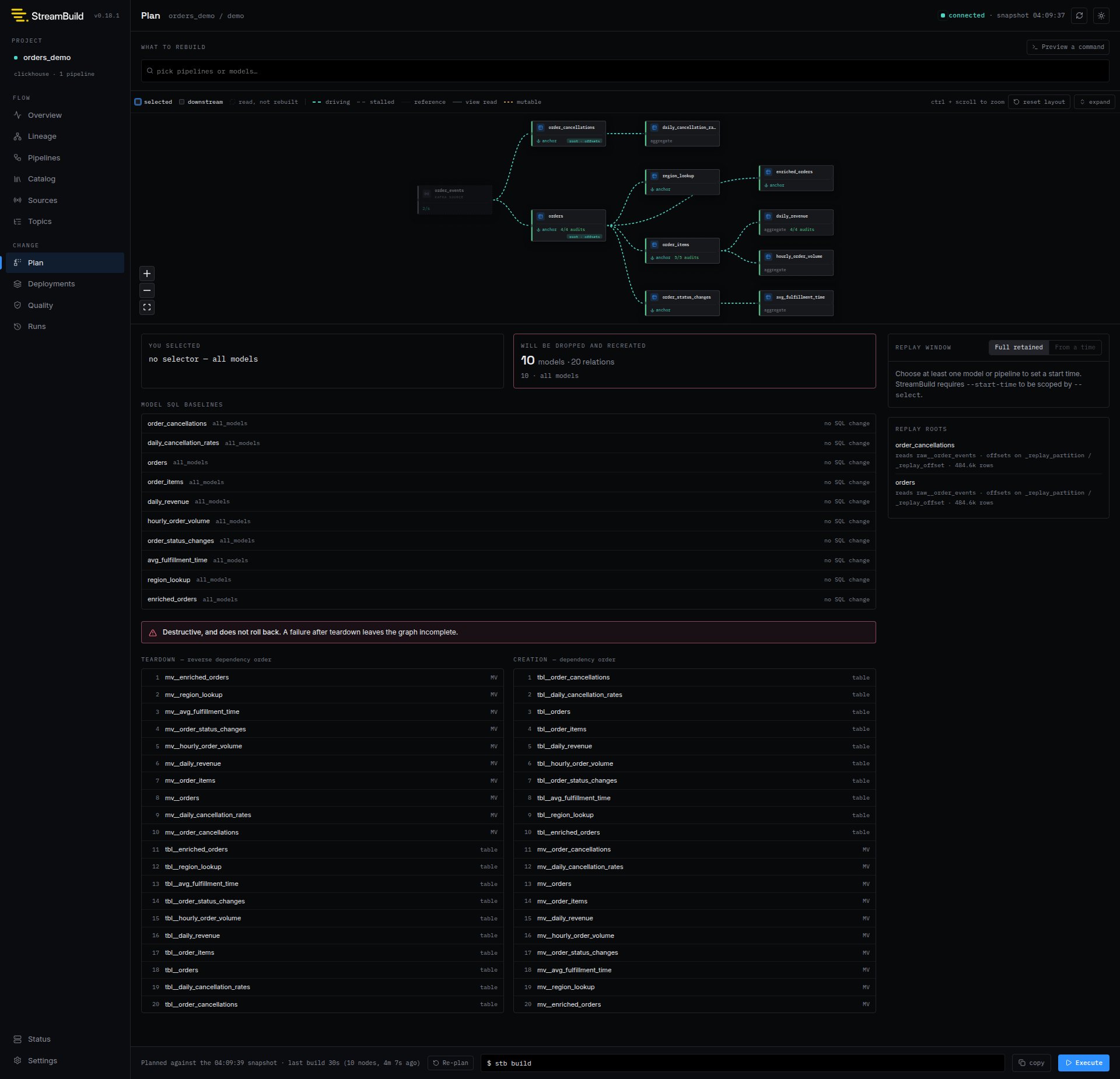 Direct rebuild plan in the StreamBuild development UI