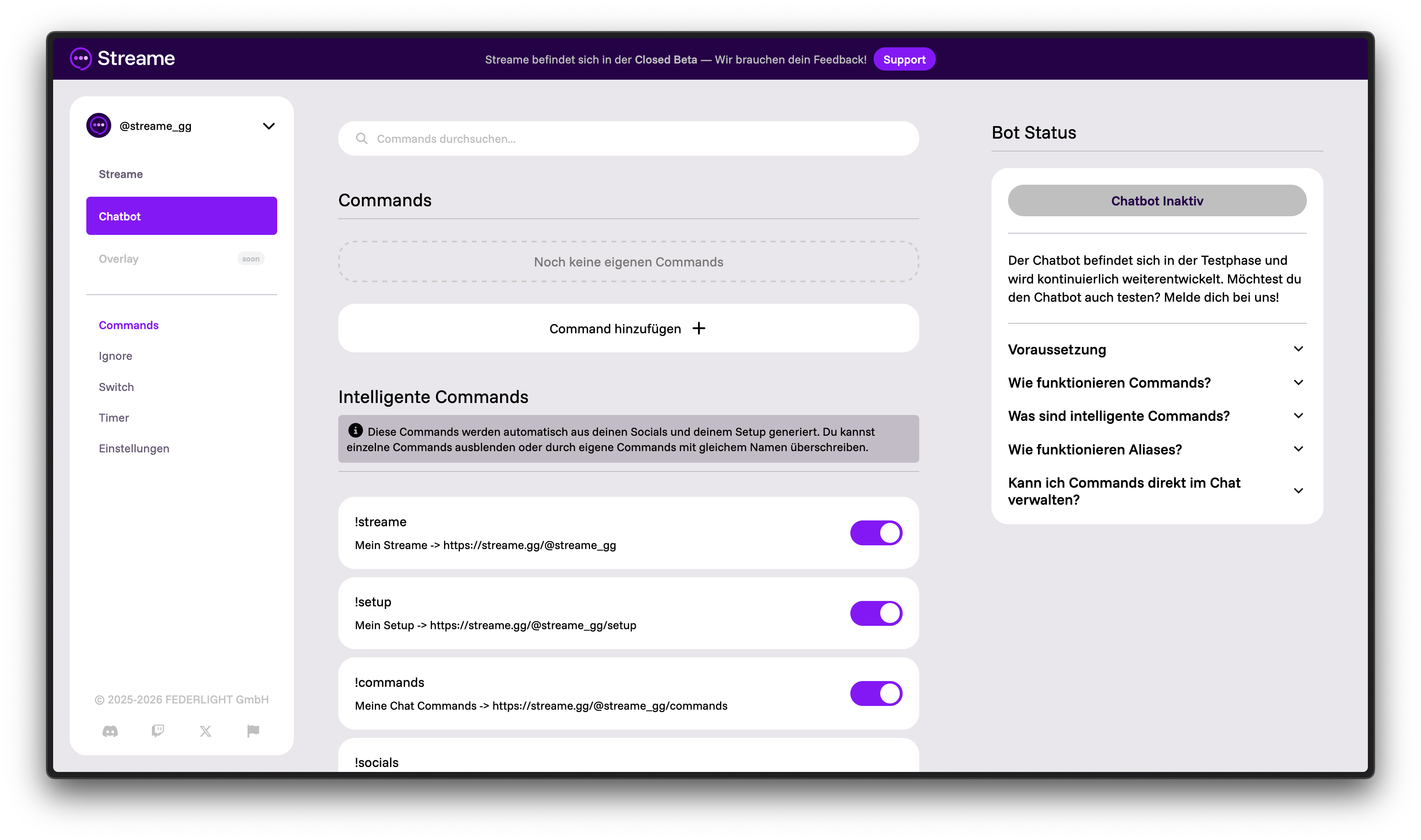 Commands Übersicht im Streame Dashboard