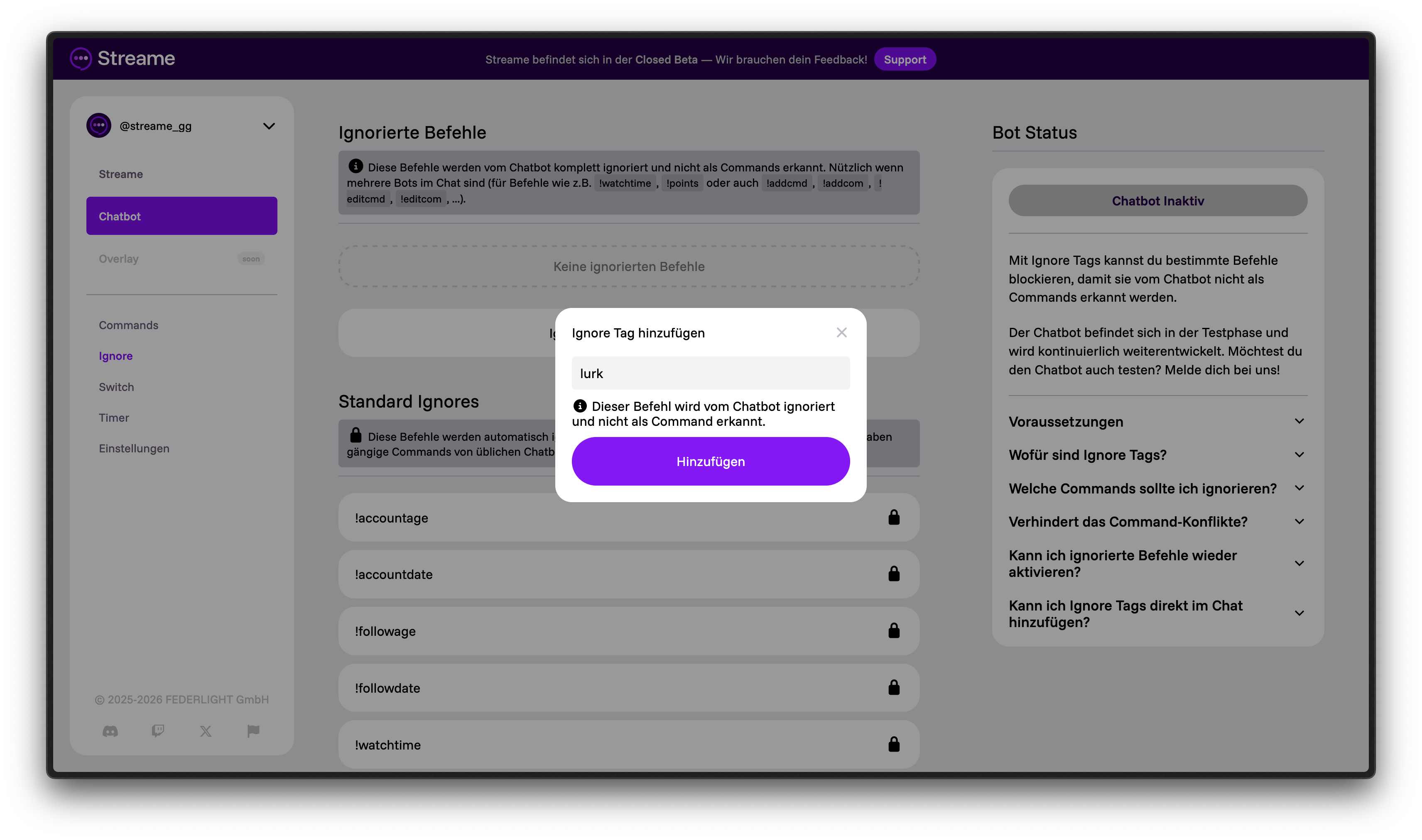 Ignore Tag hinzufügen Dialog