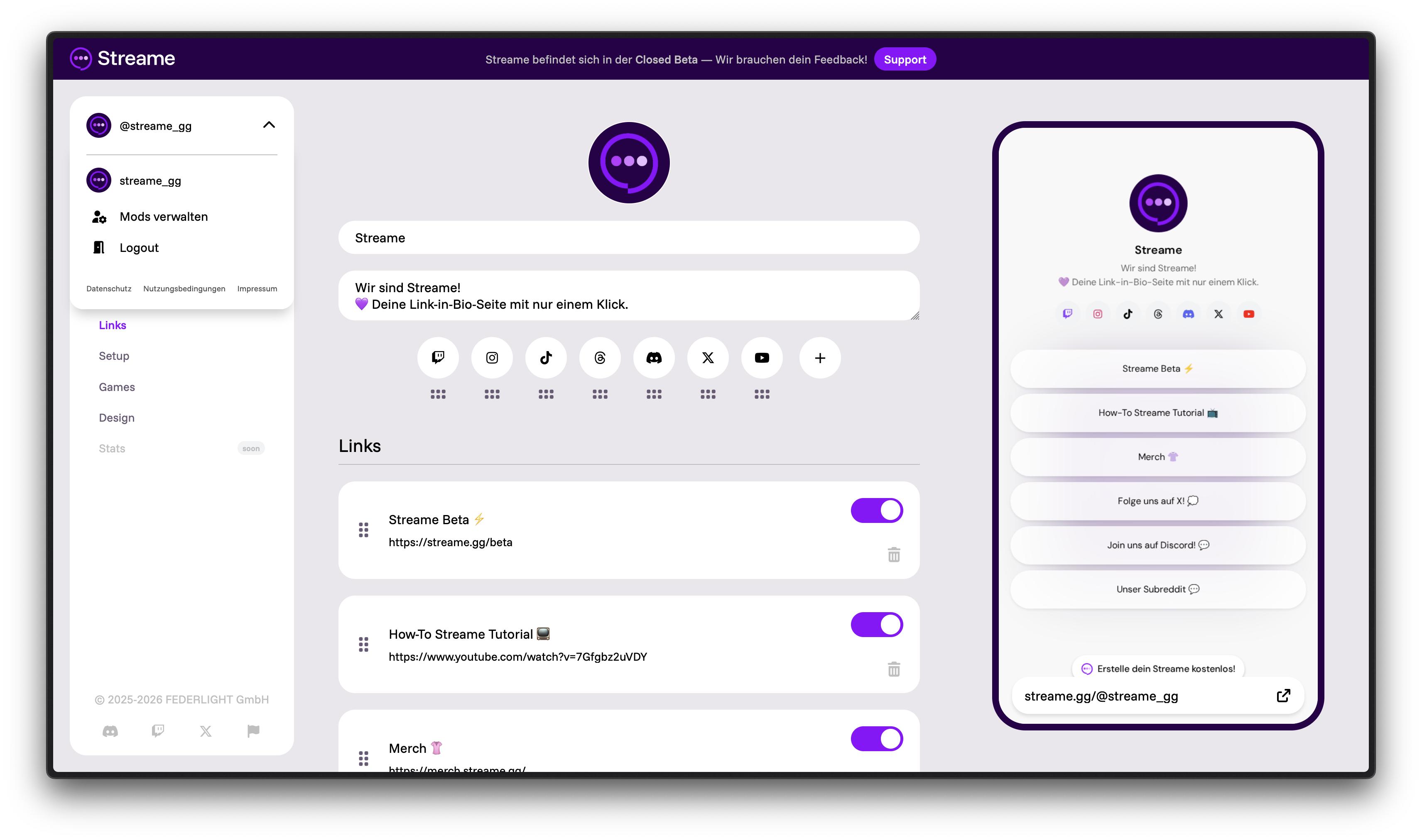 Profil-Menü mit Mods verwalten