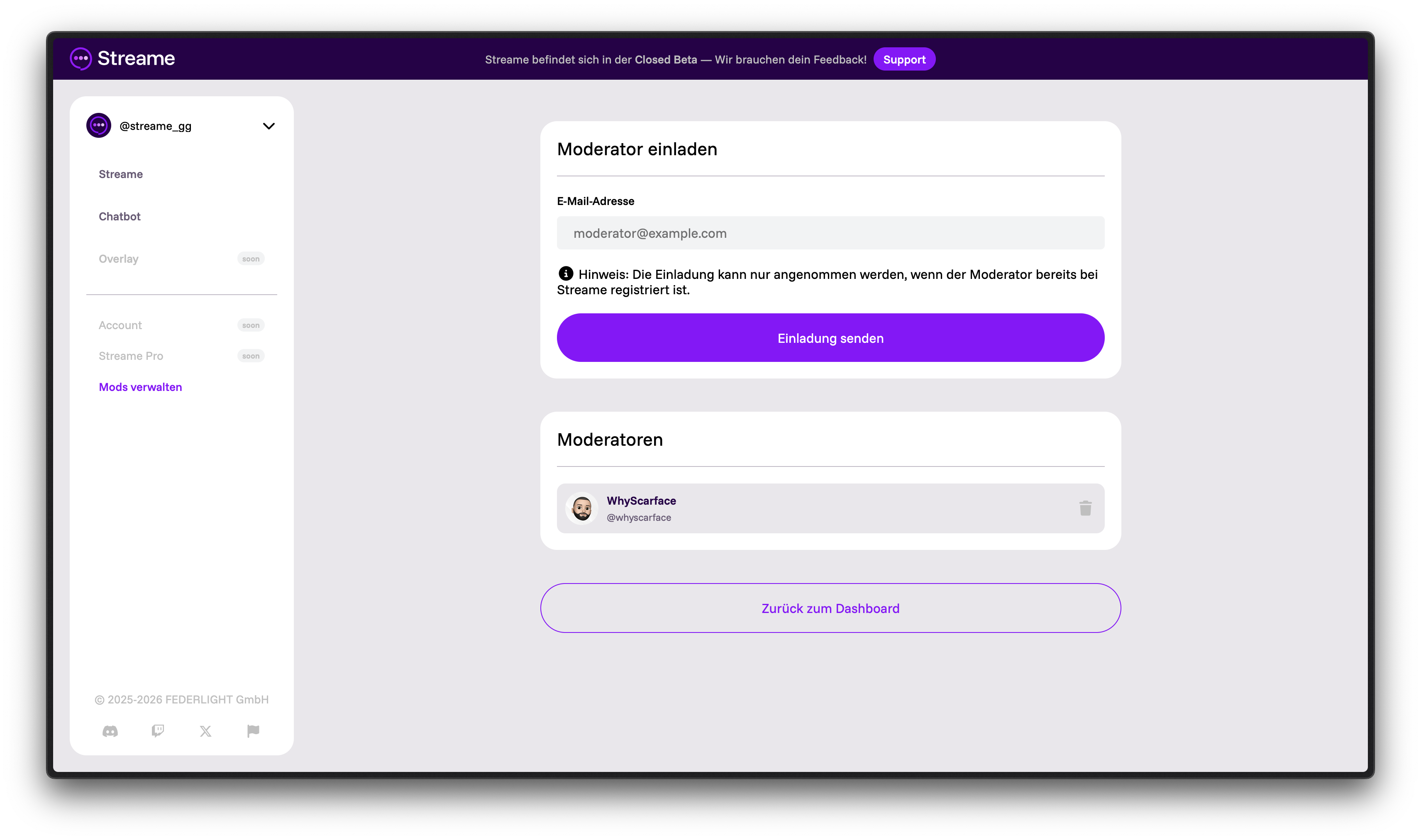 Moderator einladen und Moderatoren-Liste