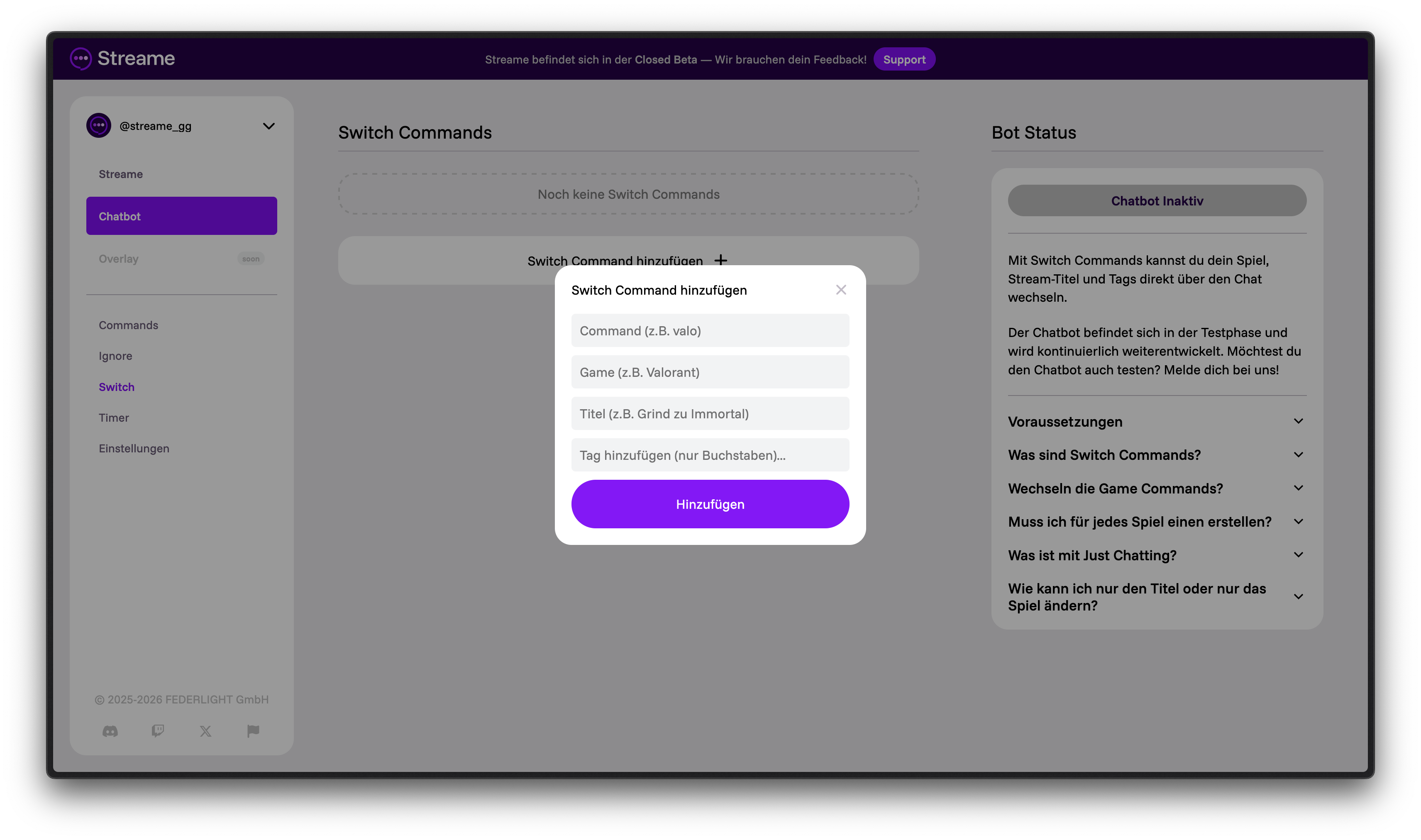 Switch Command hinzufügen Dialog