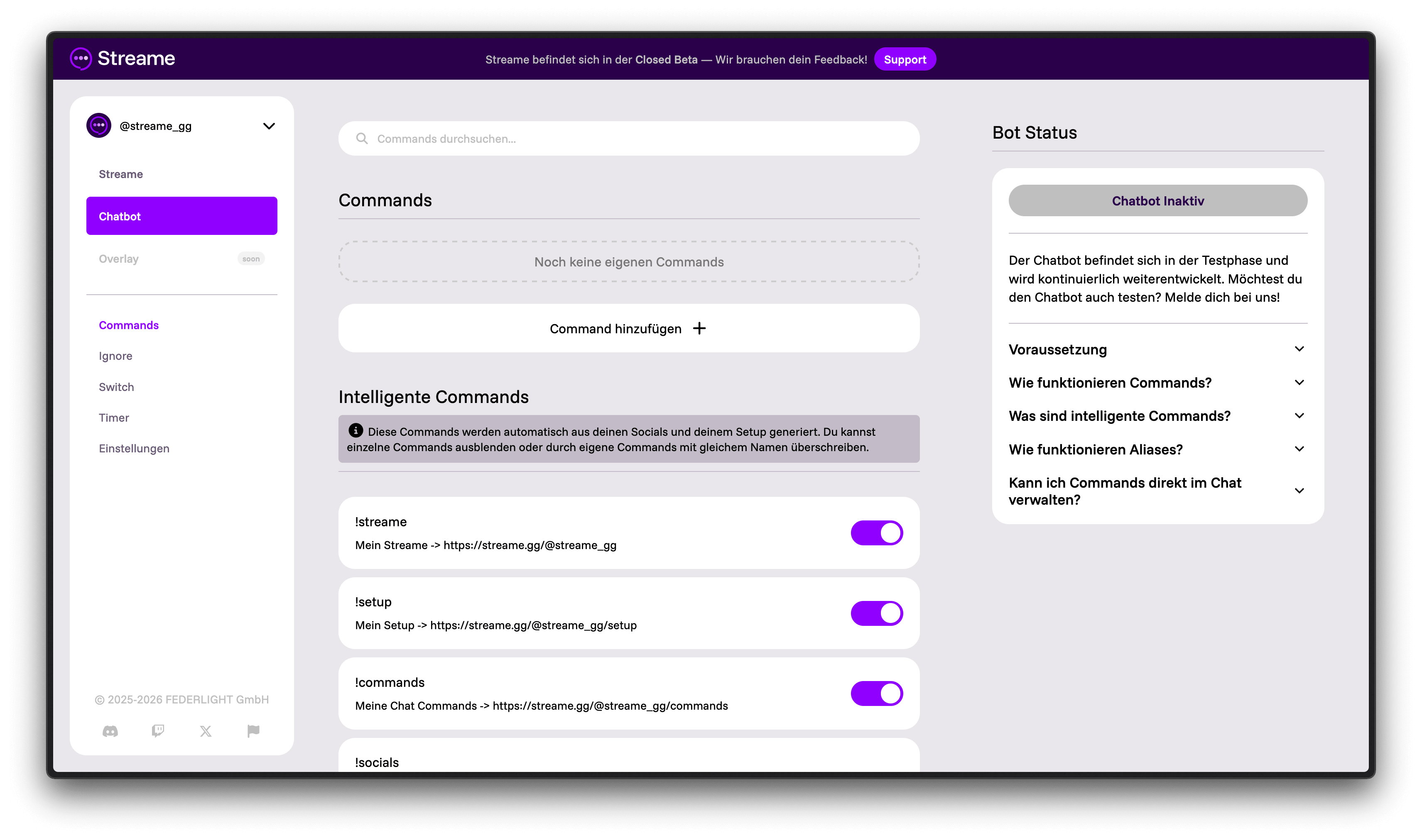 Commands Übersicht im Streame Dashboard
