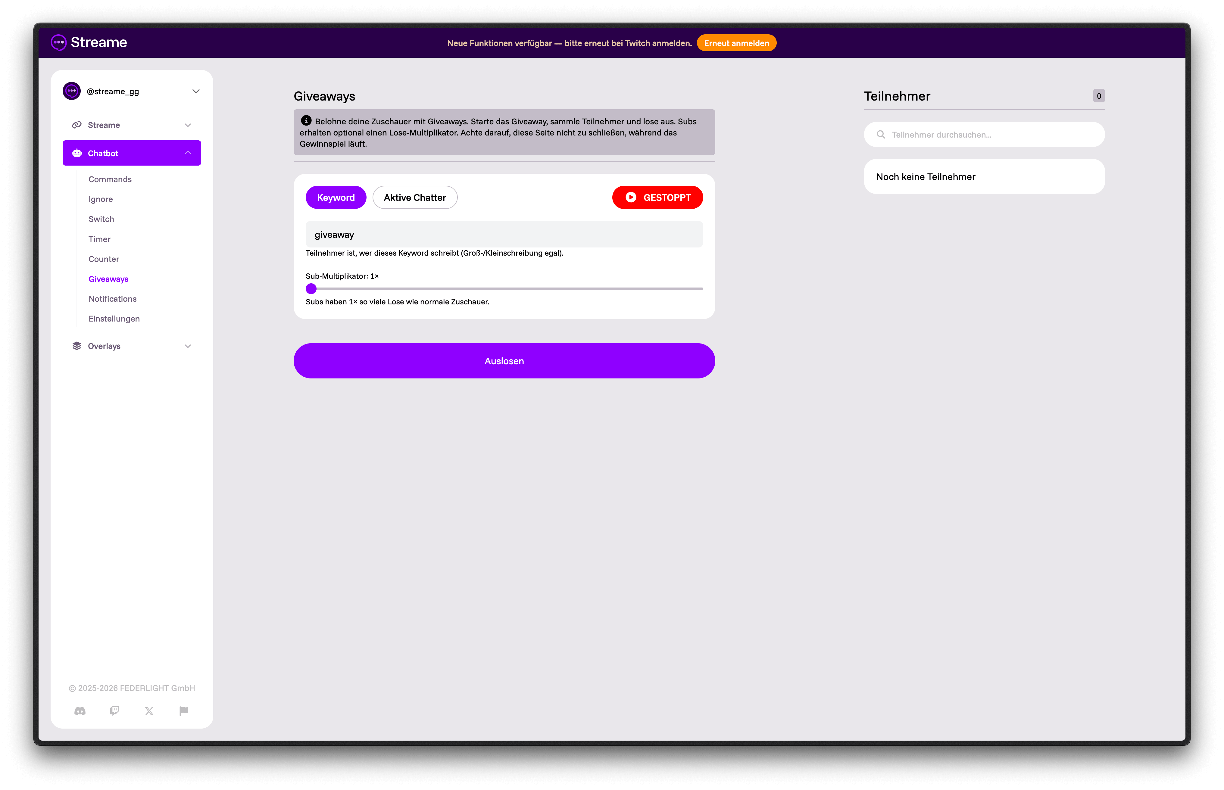 Giveaway-Übersicht mit Typ-Auswahl, Sub-Multiplikator und Teilnehmerliste