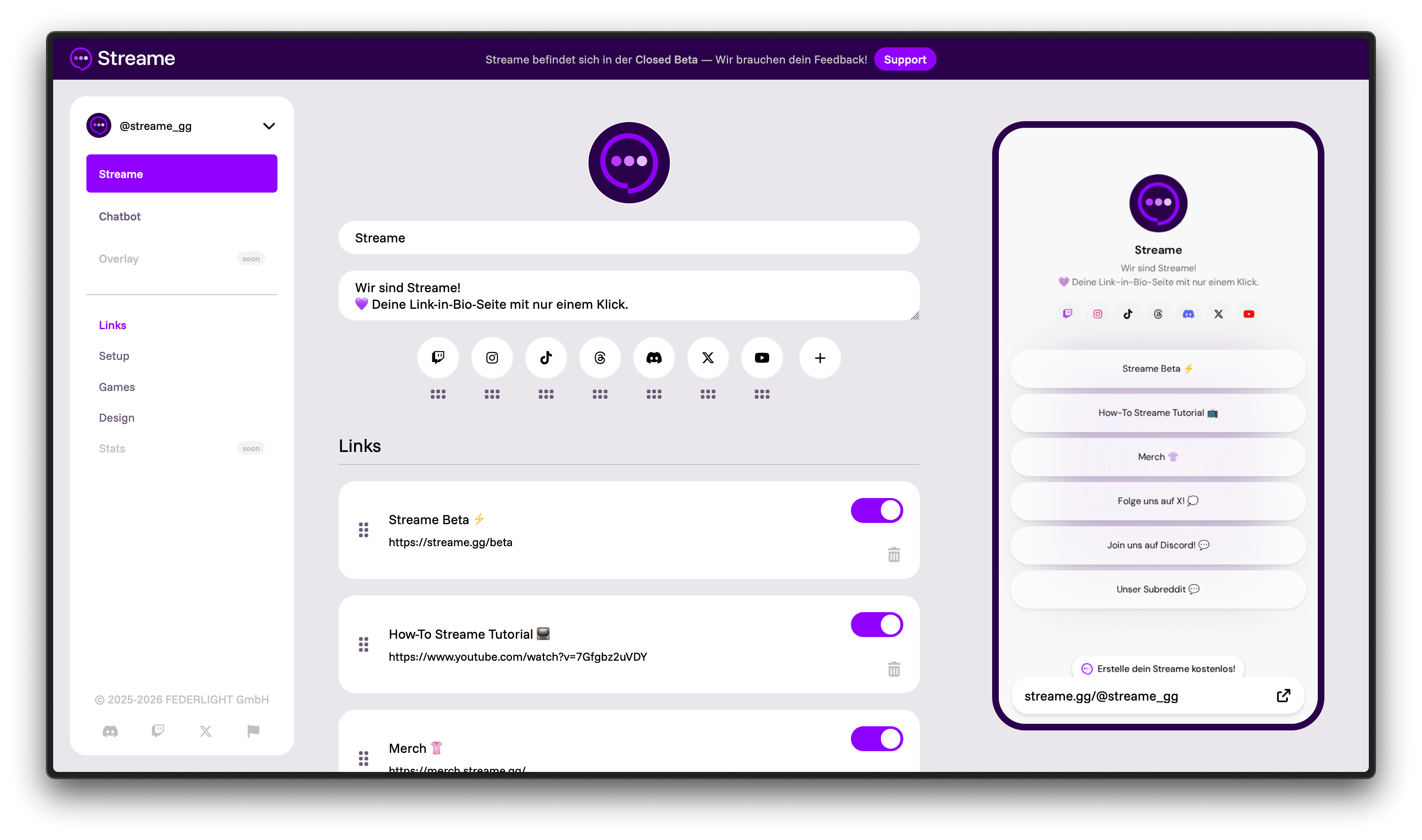 Links-Bereich im Streame Dashboard