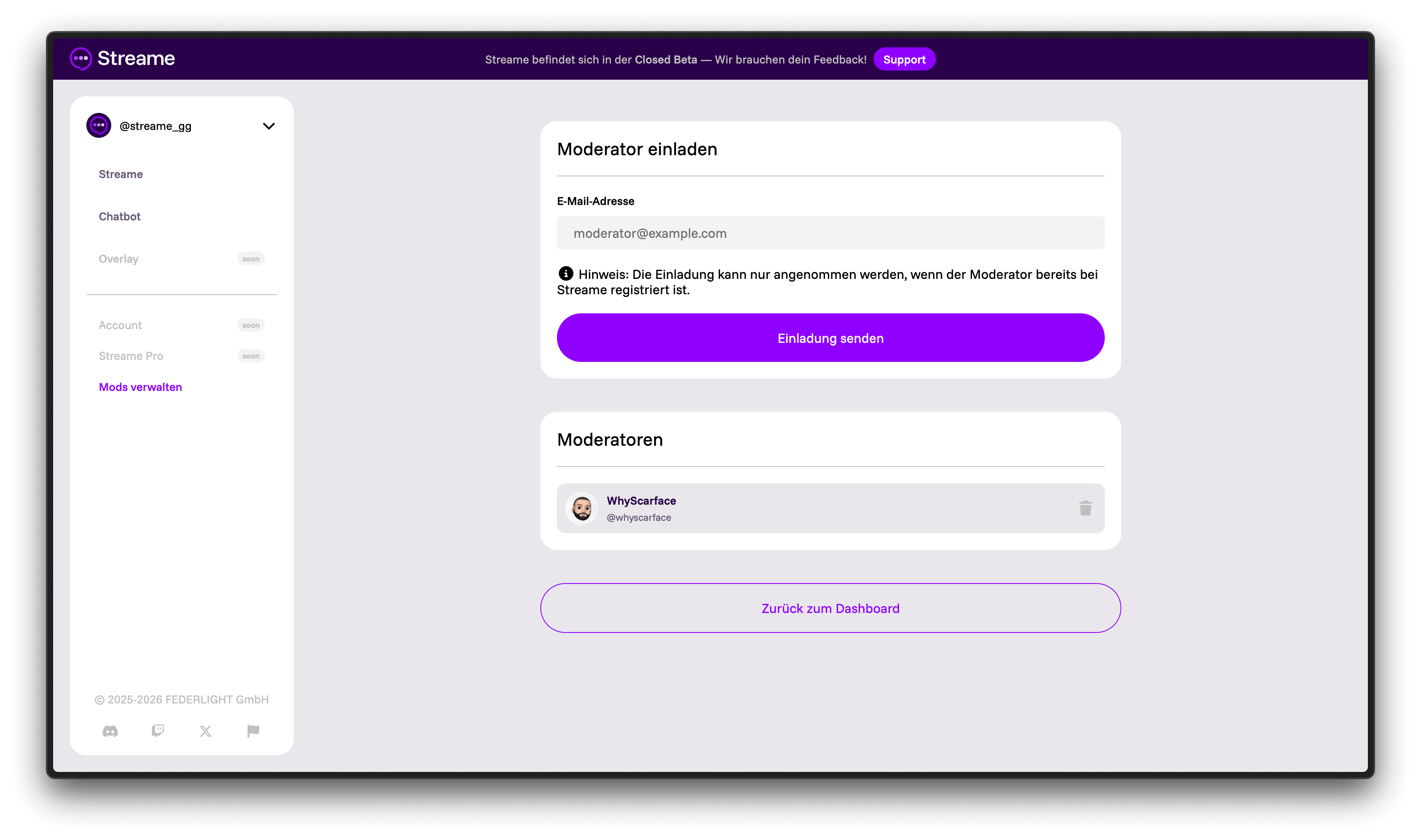 Moderator einladen und Moderatoren-Liste