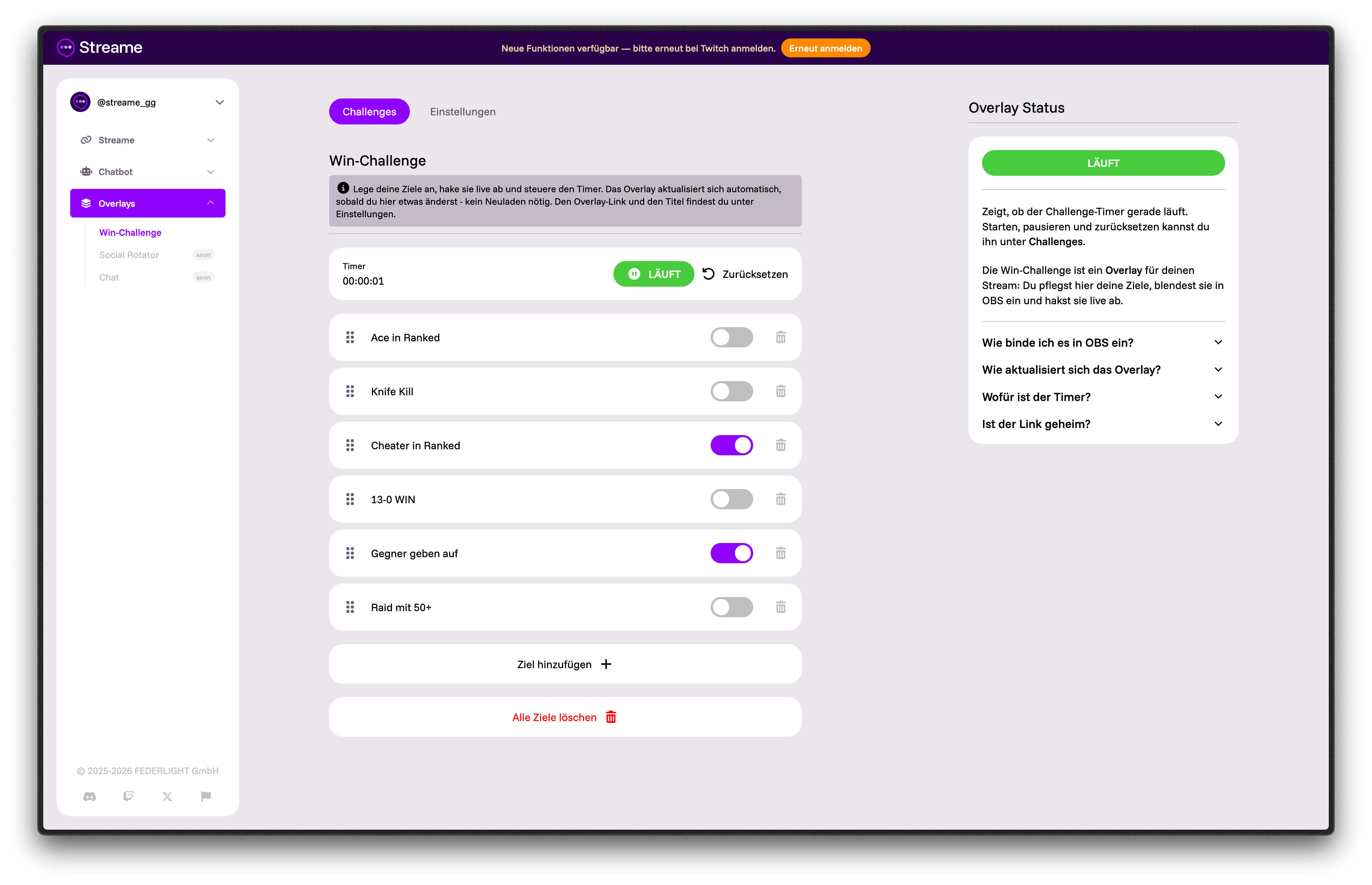 Win-Challenge Tab Challenges mit Zielliste, Timer und Overlay-Status