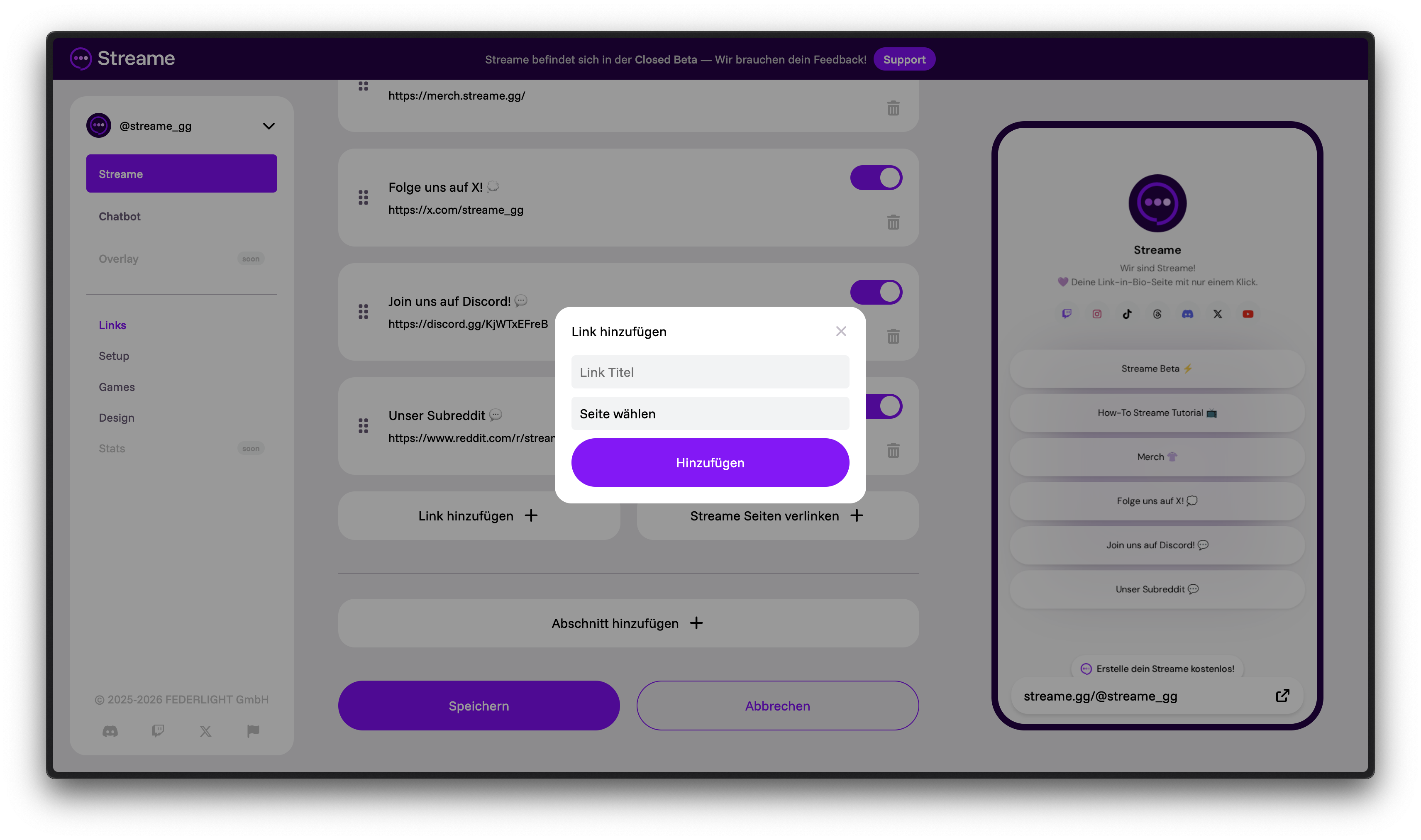 Streame Seiten verlinken