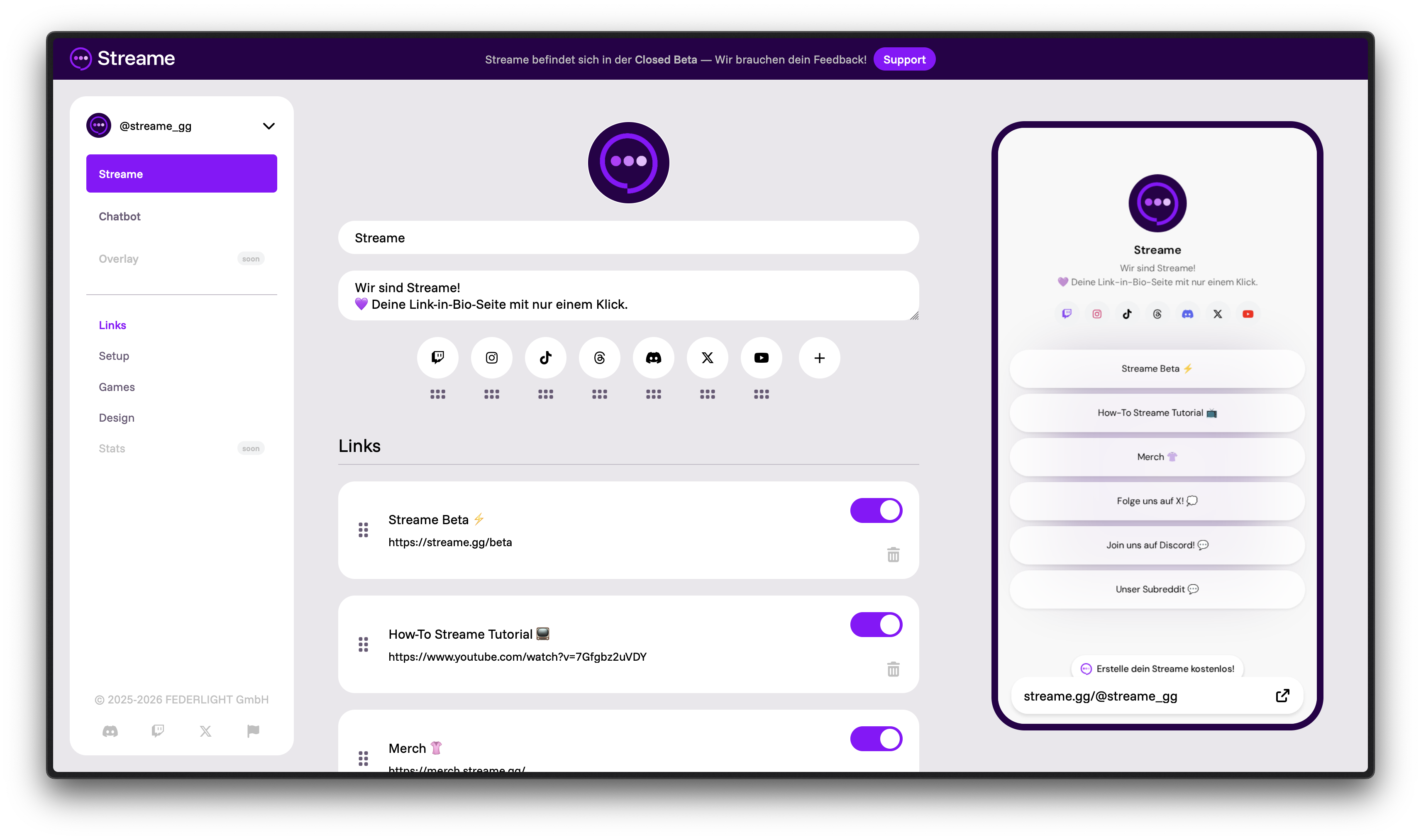 Links-Bereich im Streame Dashboard