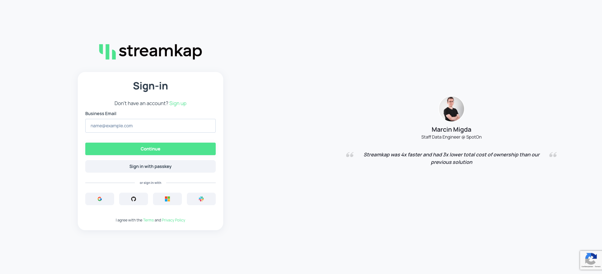 Streamkap Login Page
