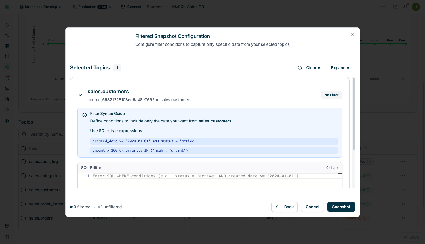 Filtered snapshot configuration with SQL filter editor