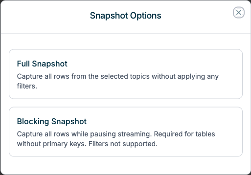 Source snapshot options dialog showing Full and Blocking snapshot types