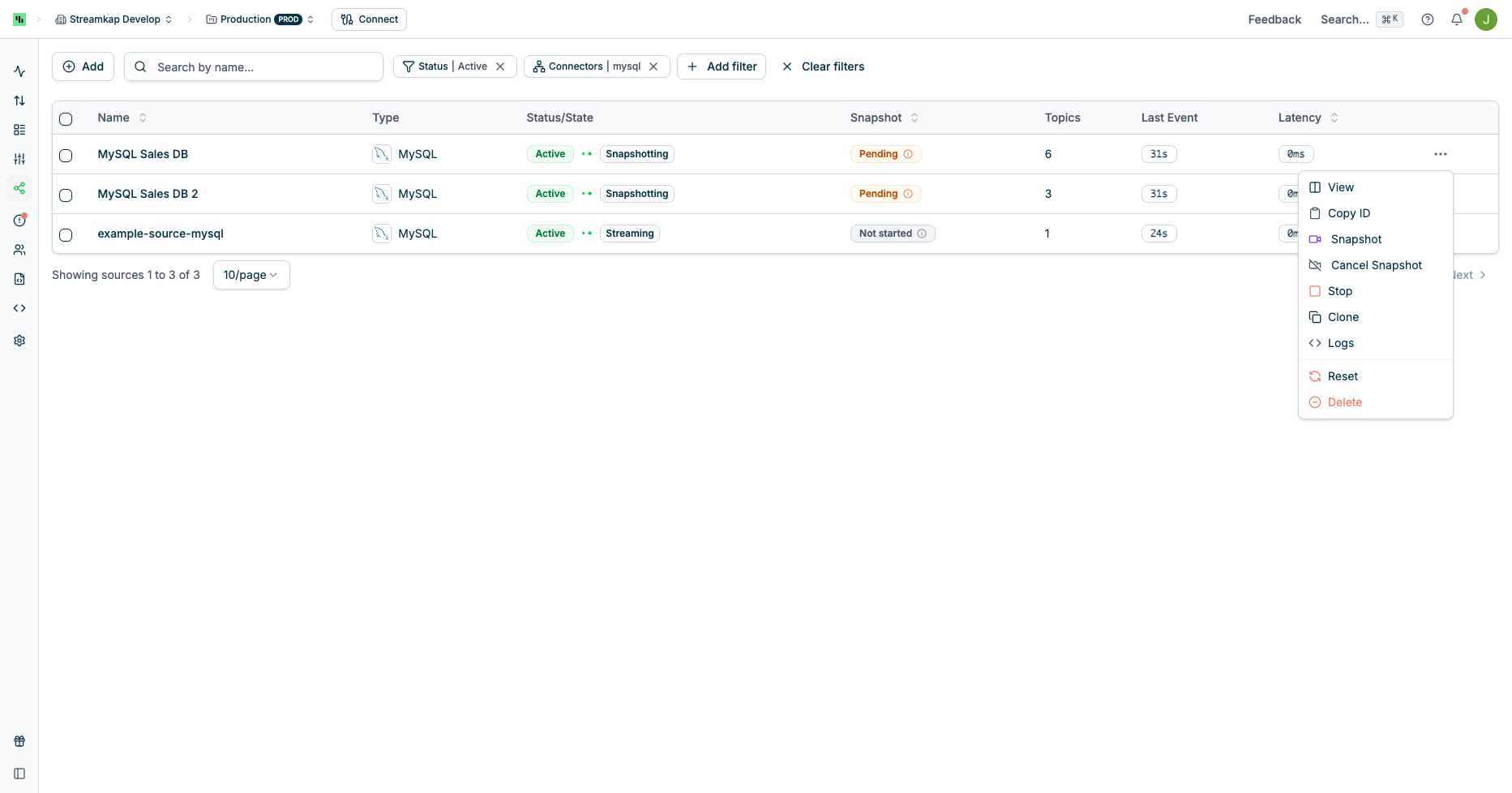 Source quick actions menu with Snapshot option