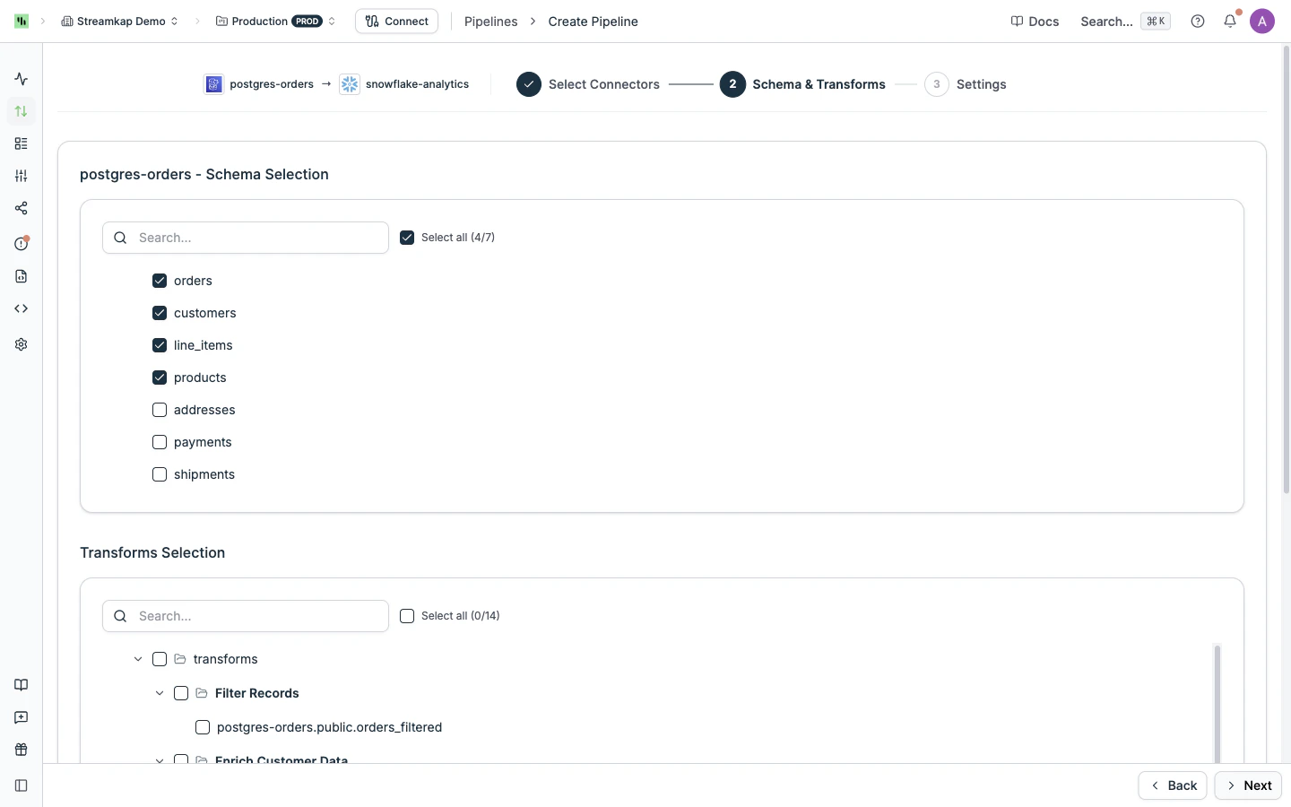 Pipeline create wizard step 2: choose source schema tables and optional transform topics