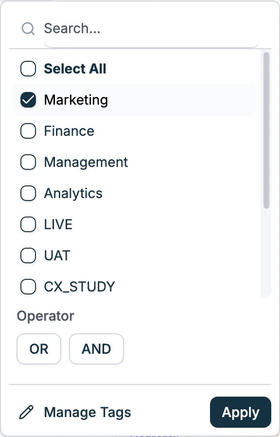 Pipelines tags filter showing tag selection with AND/OR operator options