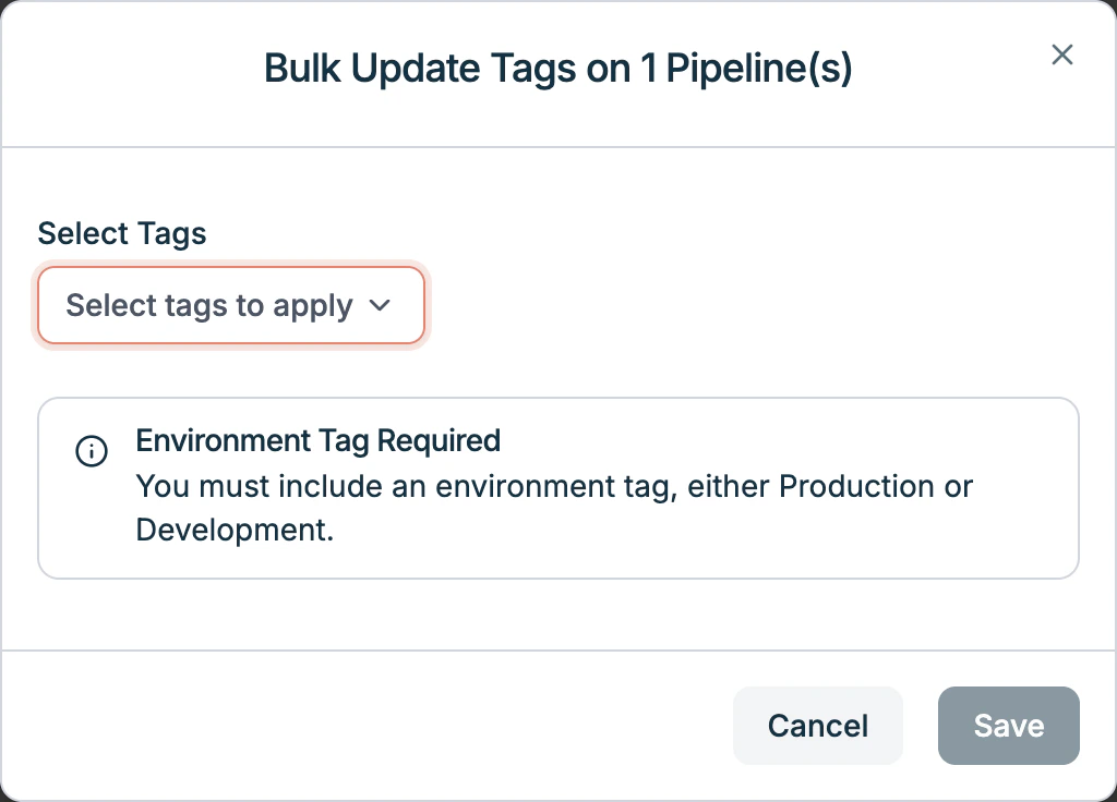 Bulk Update Tags dialog for updating tags on selected pipelines