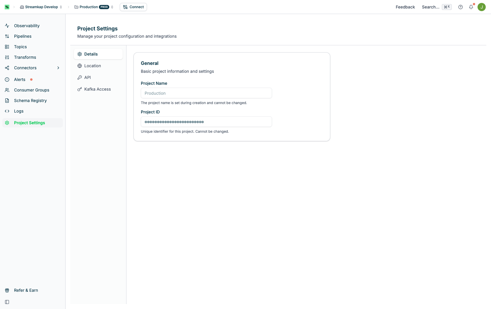 Project Settings page showing Details, Location, API, and Kafka Access tabs