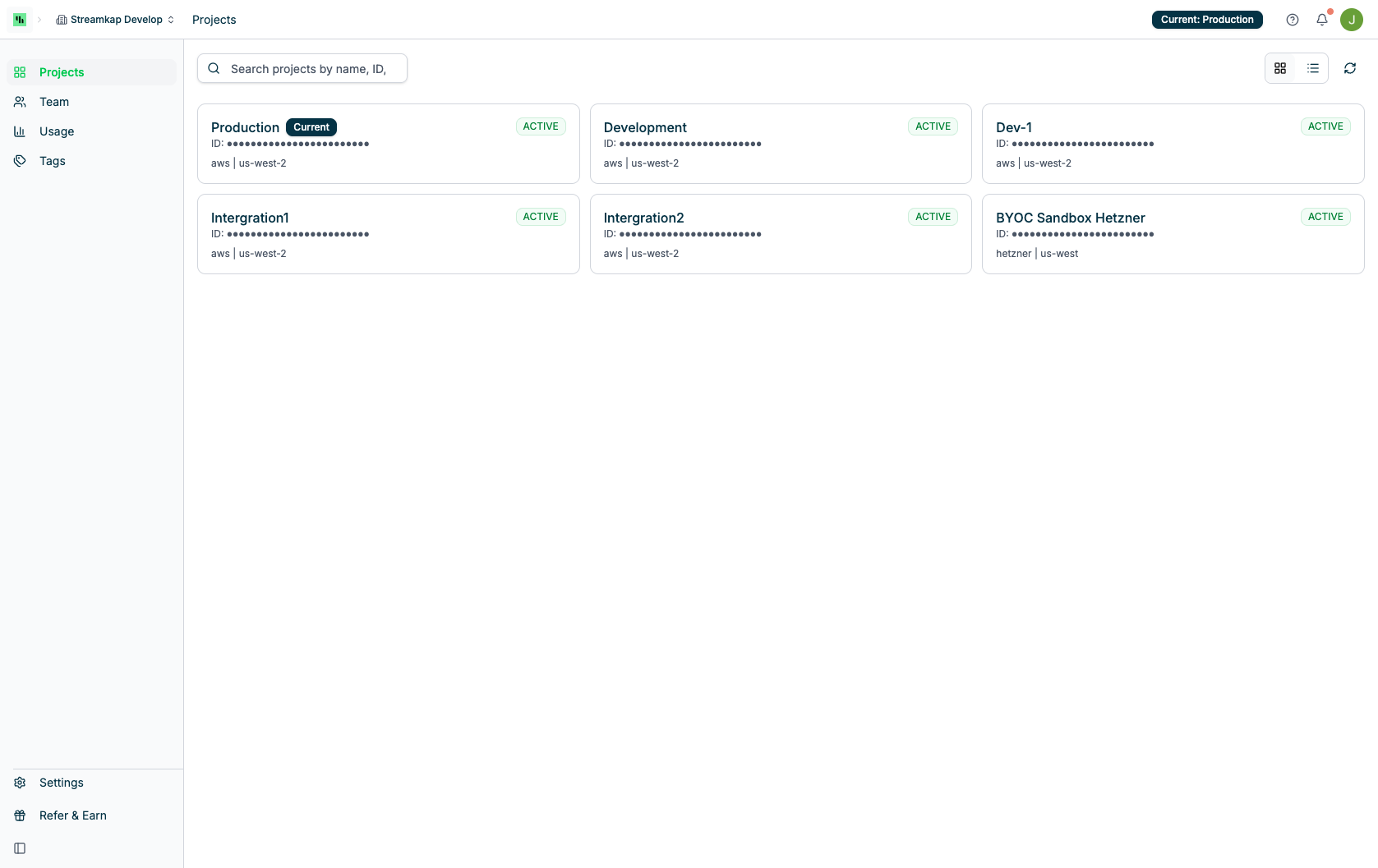 Projects list view showing project cards with status and region information