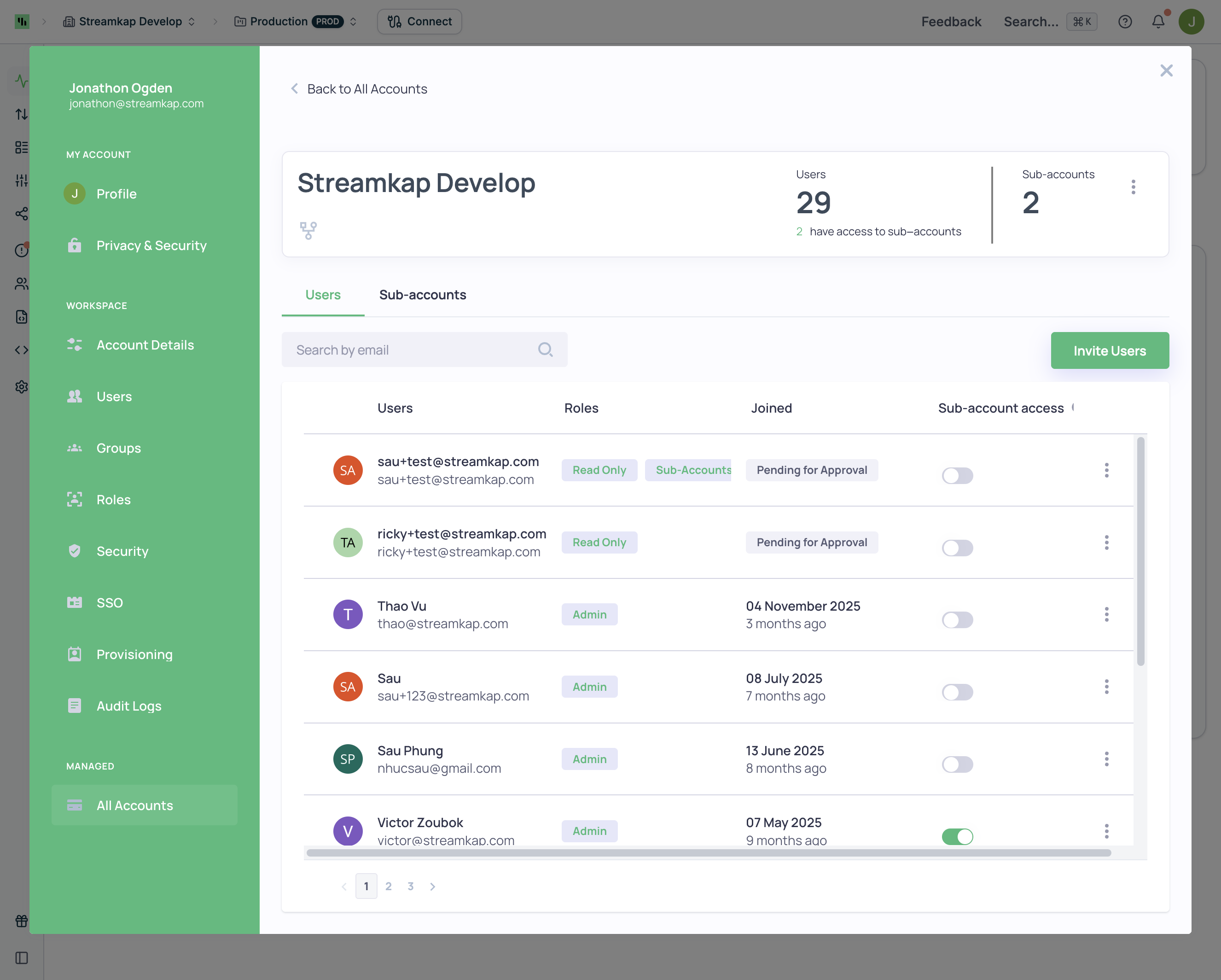 Account users showing sub-account access toggle