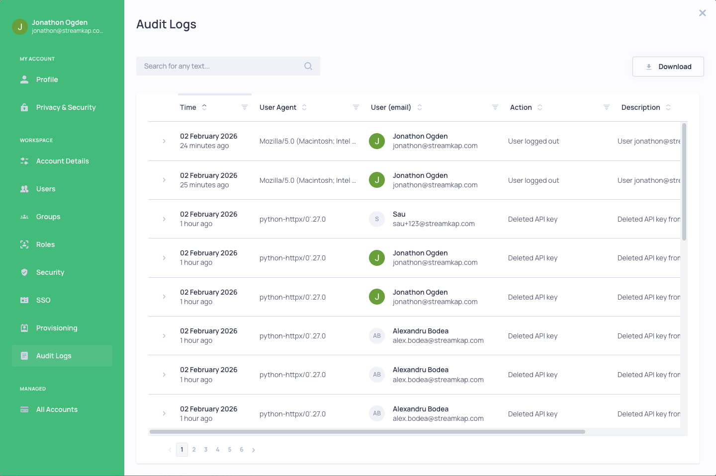 Audit Logs showing activity history with time, user, action, and severity