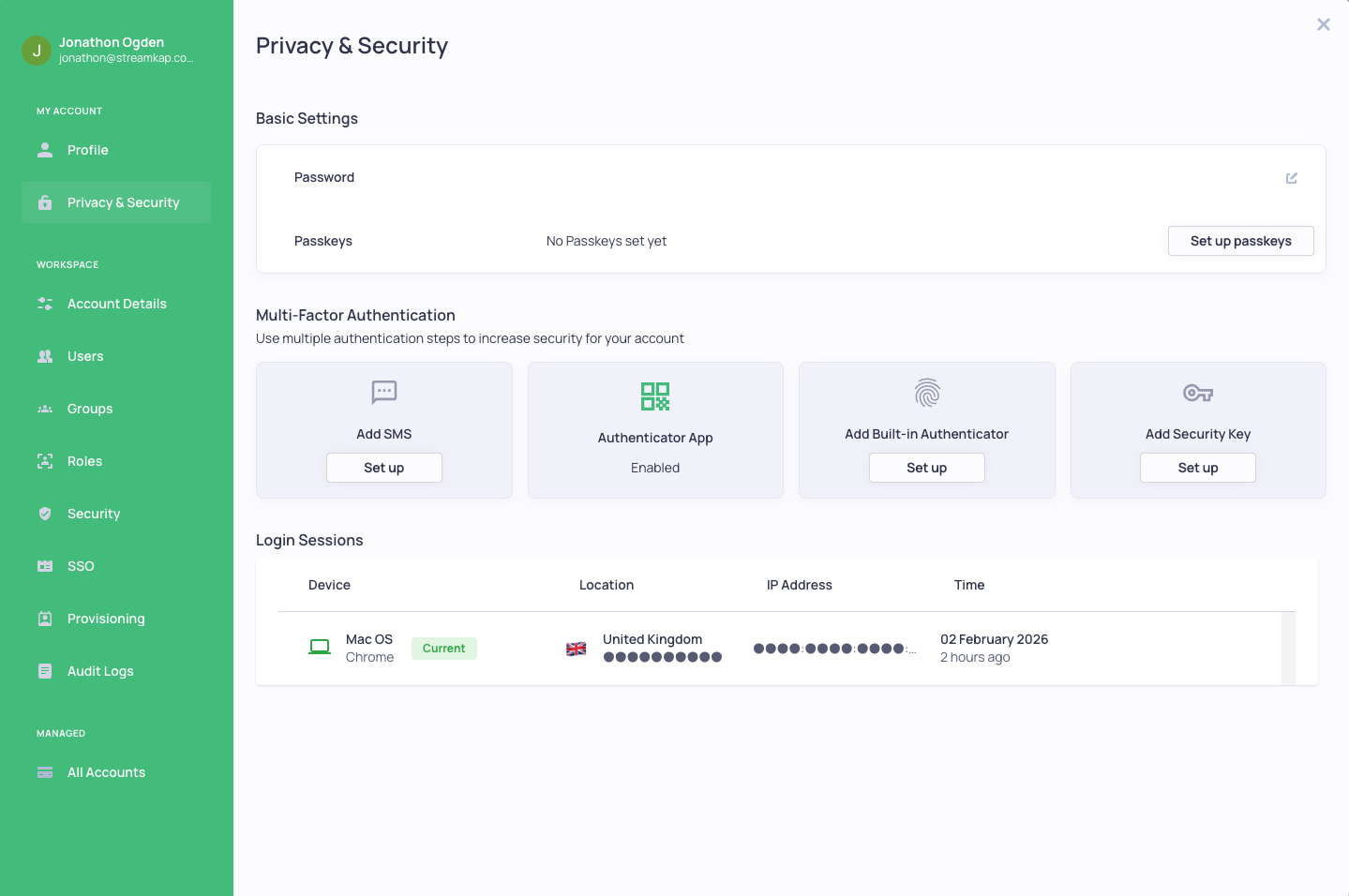 Privacy & Security settings showing session management
