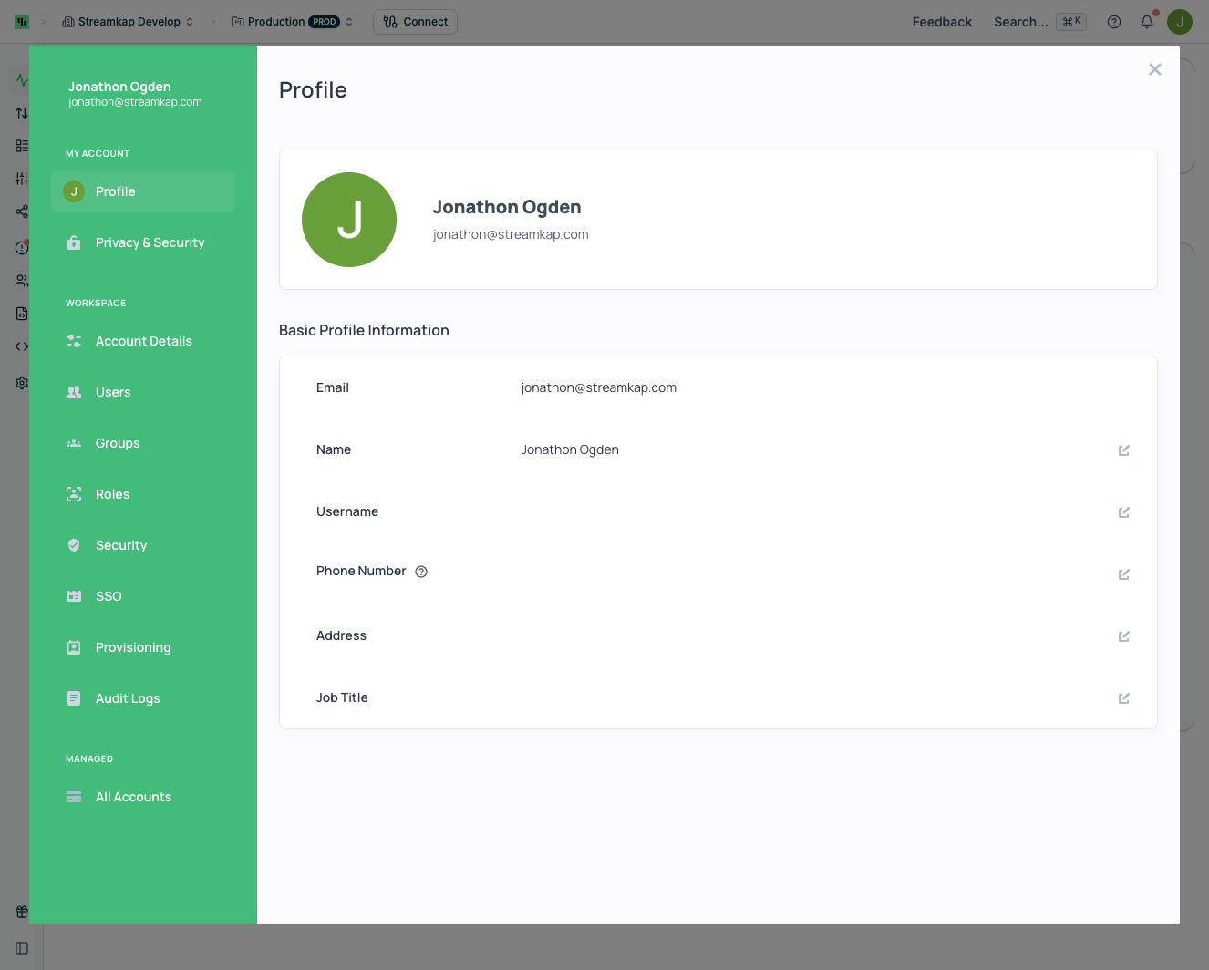 Profile settings page showing avatar and basic profile information