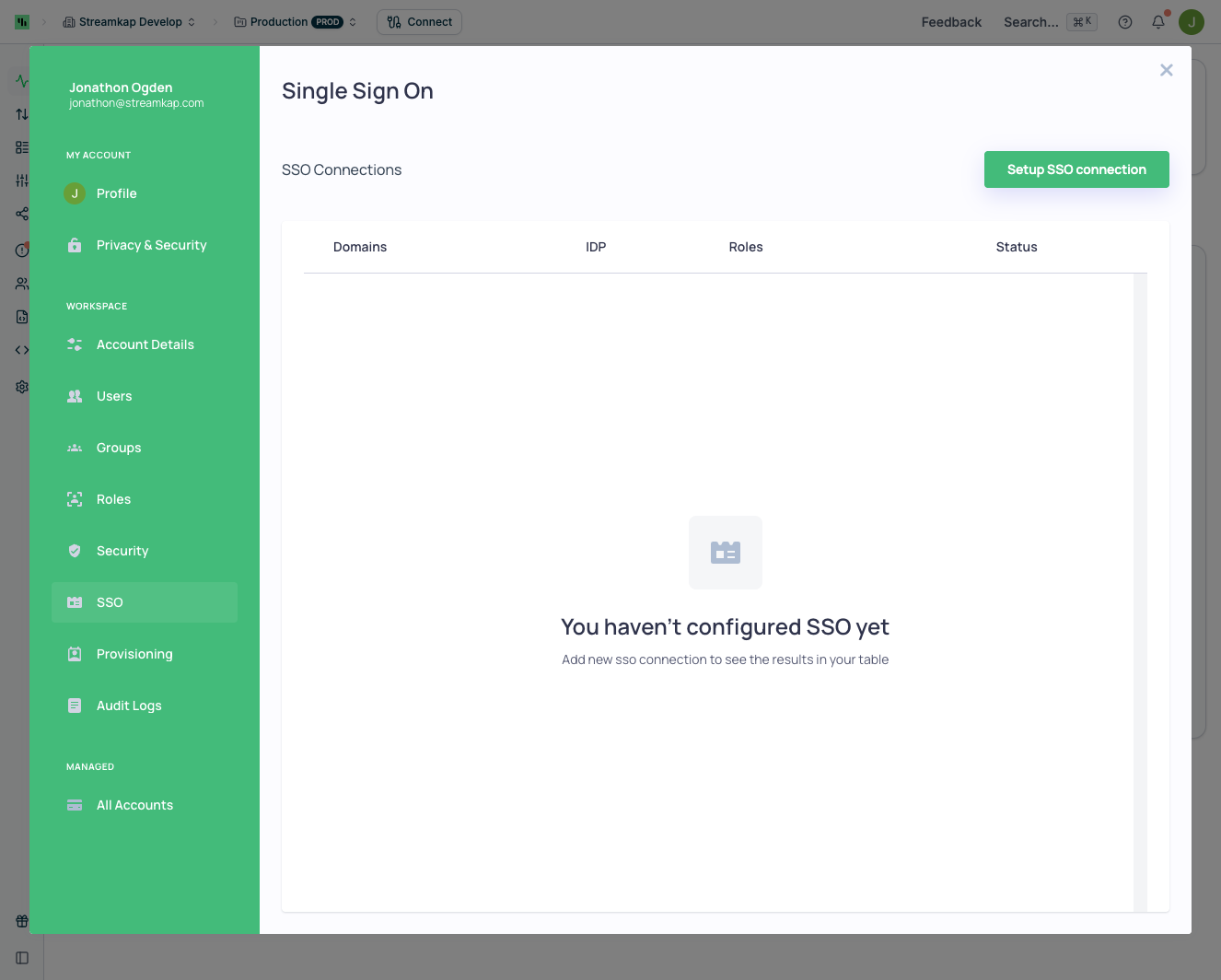 Single Sign On configuration page showing SSO Connections
