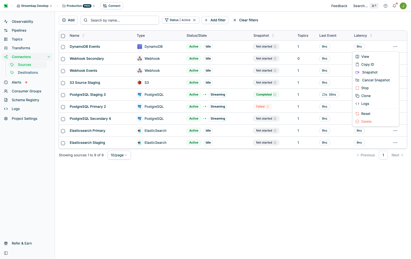 Row actions menu showing View, Copy ID, Snapshot, Cancel Snapshot, Clone, Logs, Reset, and Delete options