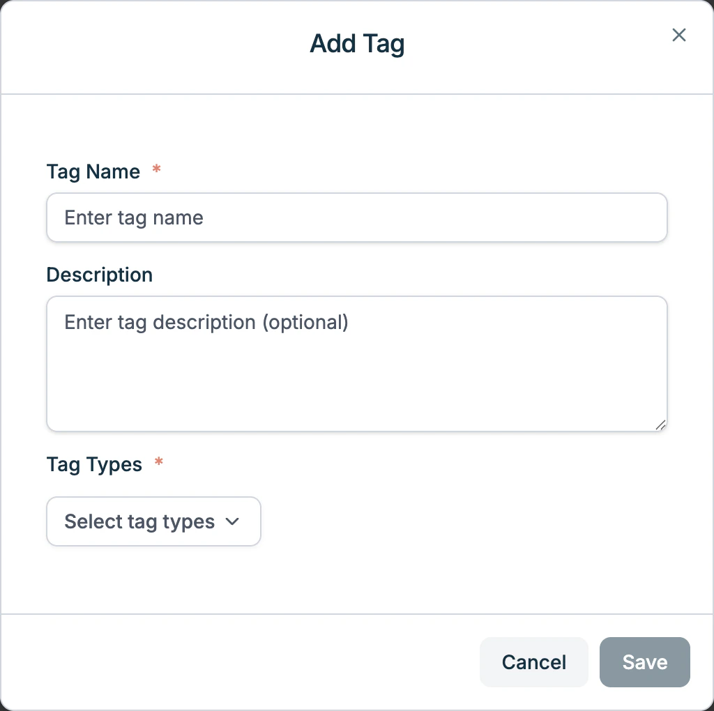 Add Tag dialog with name, description, and tag type fields