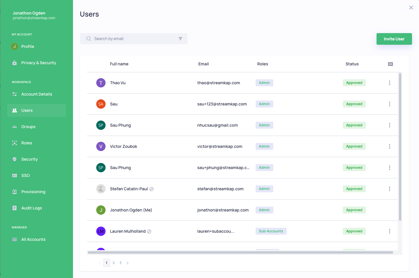 Users list showing team members with their email, roles, and status