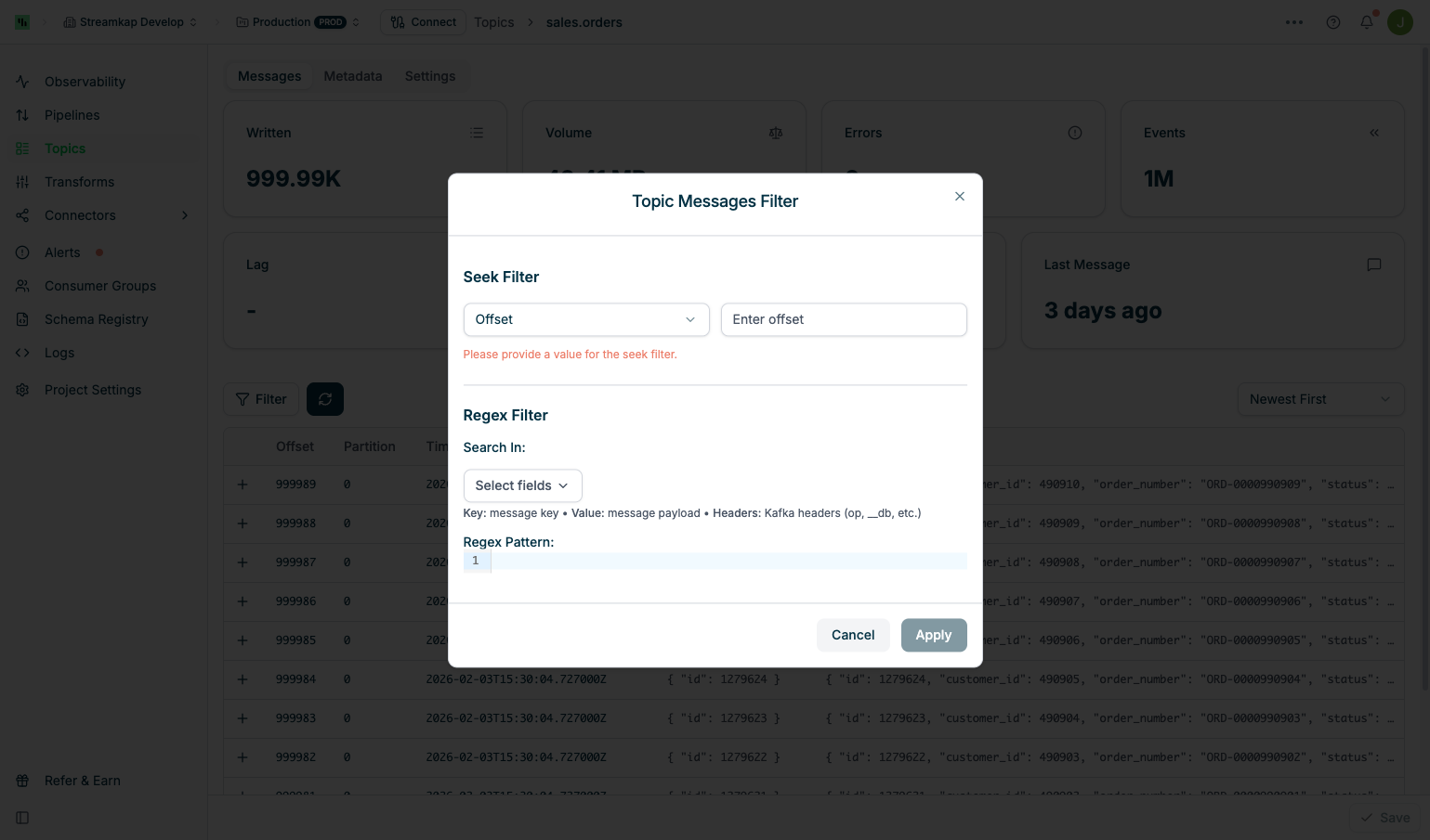 Topic Messages Filter Dialog