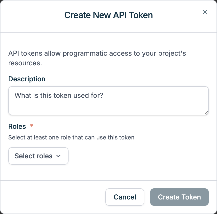 Create API Token dialog with description and role selection