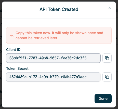 Generated API Token showing Client ID and Token secret