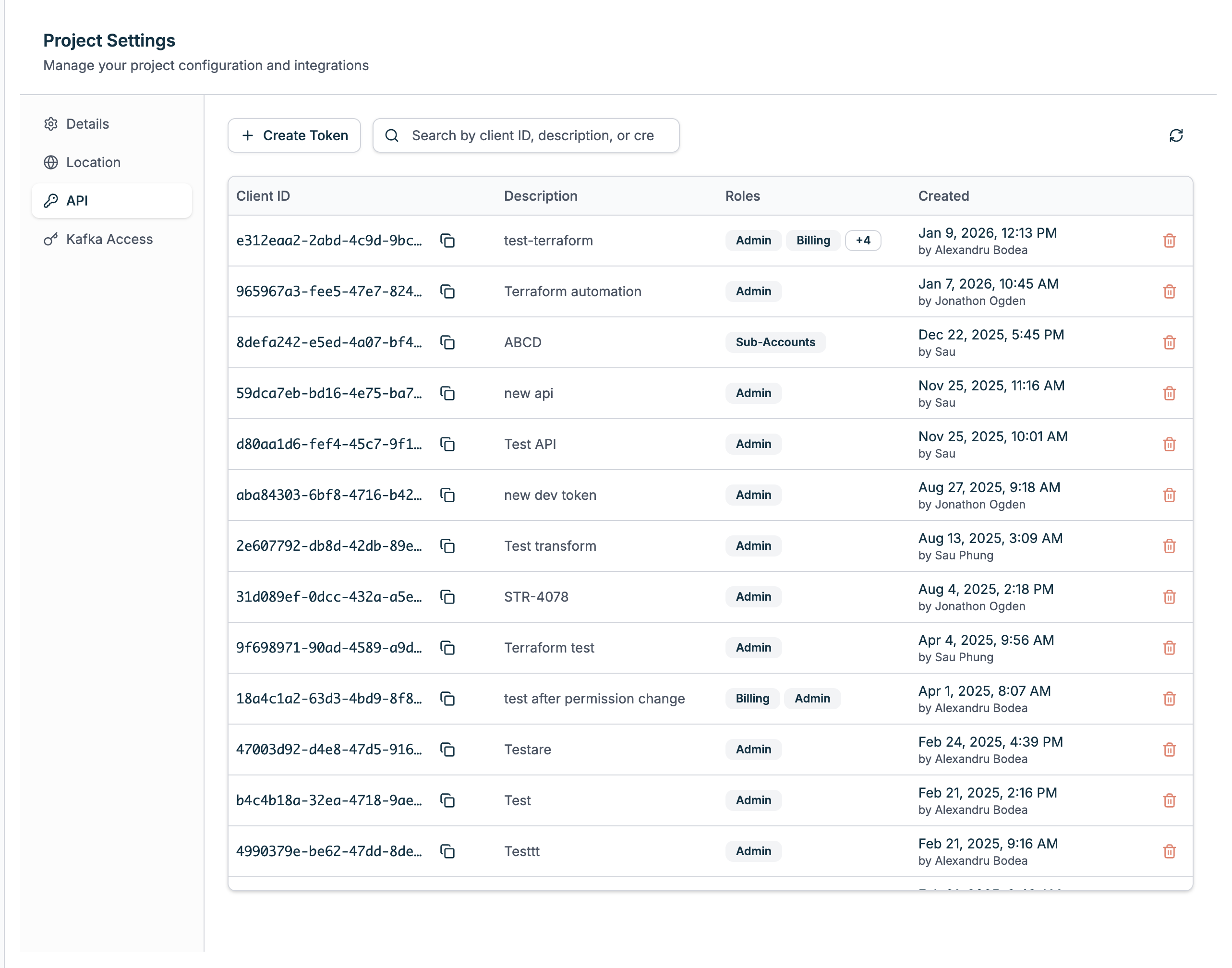 API Tokens list showing Client IDs, descriptions, roles, and creation info