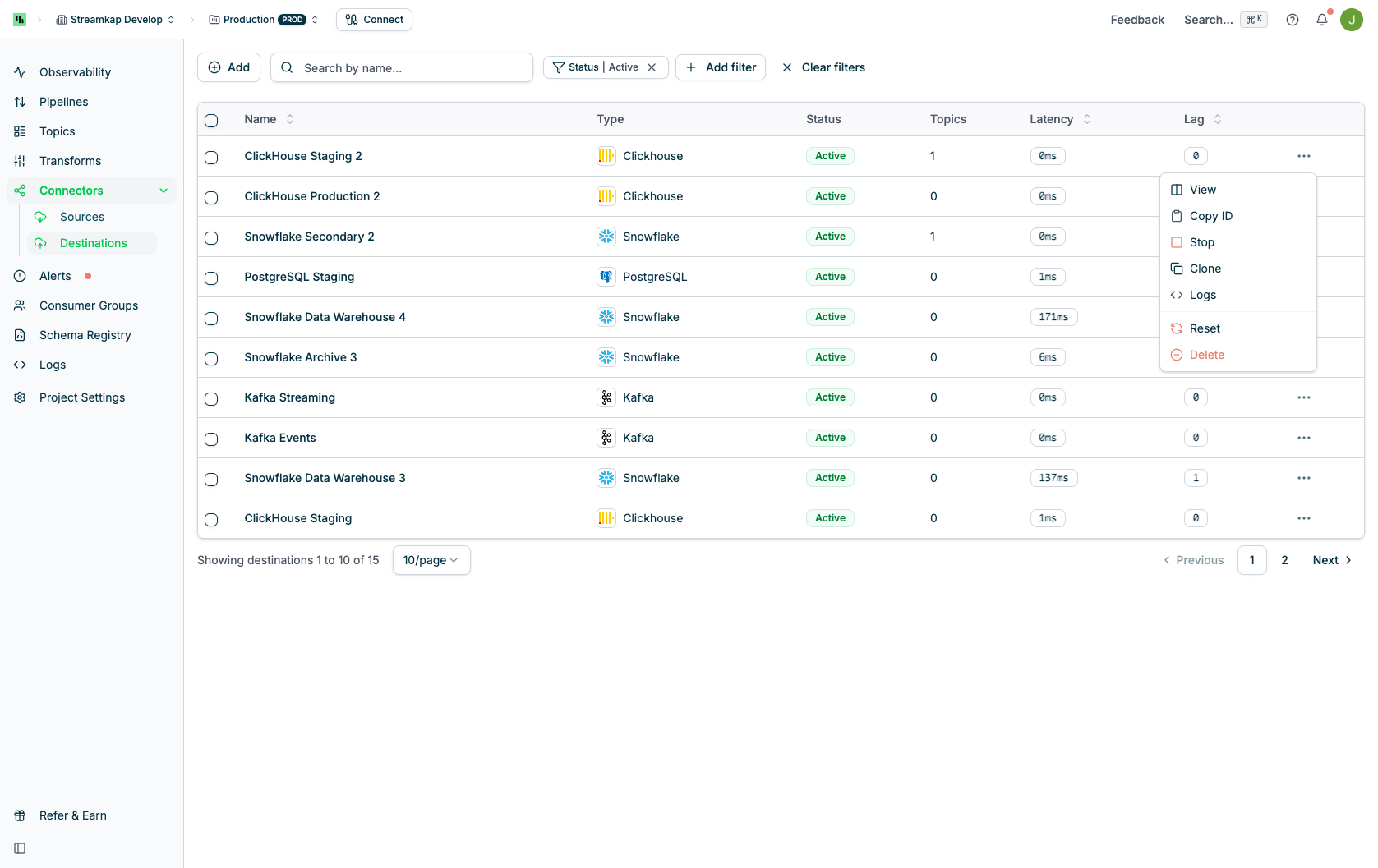 Row actions menu showing View, Copy ID, Clone, Logs, Reset, and Delete options