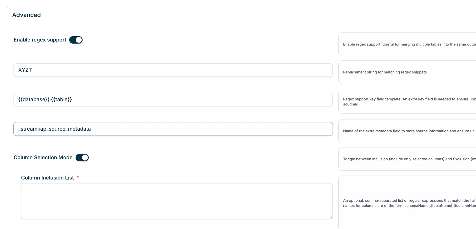 Advanced settings showing Enable regex support toggle, replacement string, key field template, and metadata field name