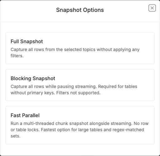 Snapshot Options dialog showing the Fast Parallel option