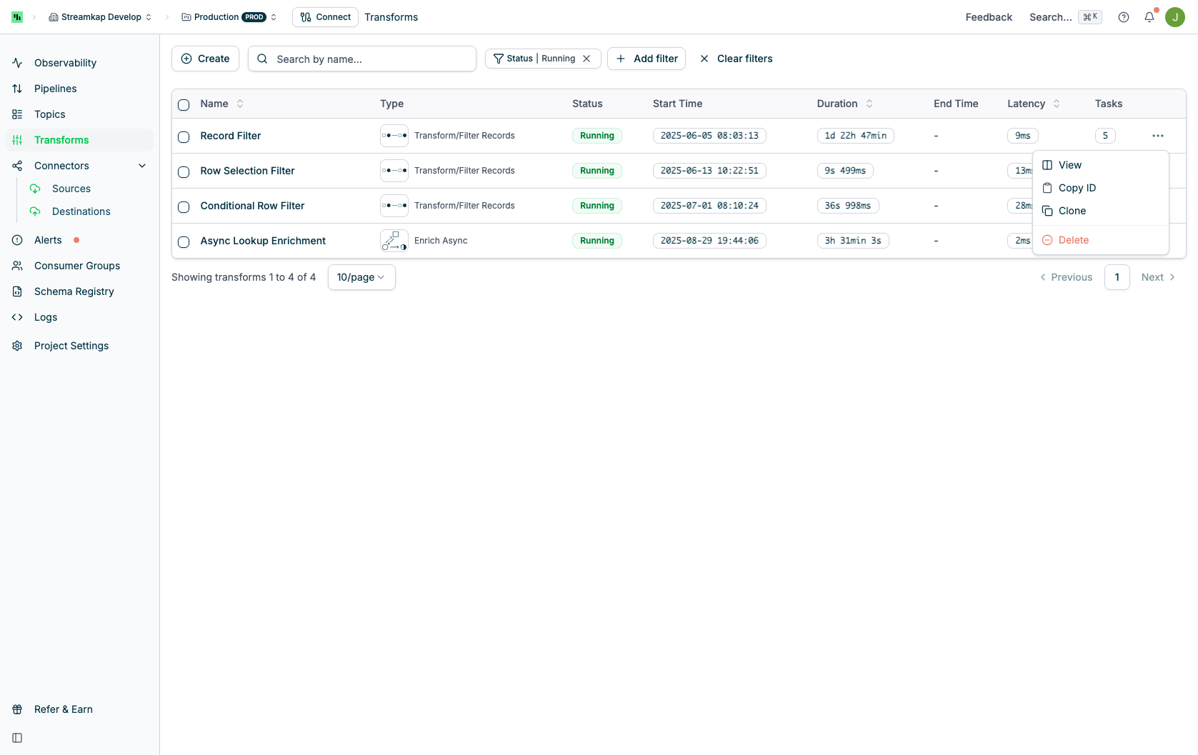 Row actions menu showing View, Copy ID, Clone, and Delete options