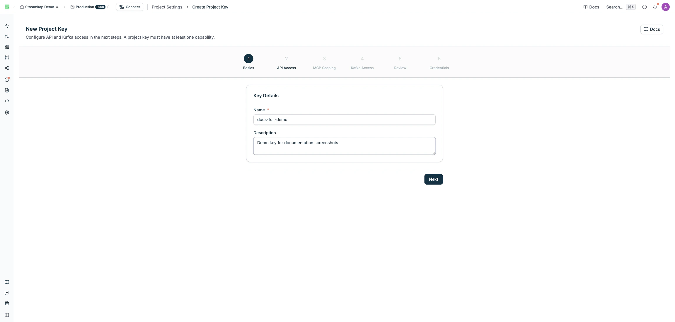 Create Project Key wizard — basics step with name and description fields