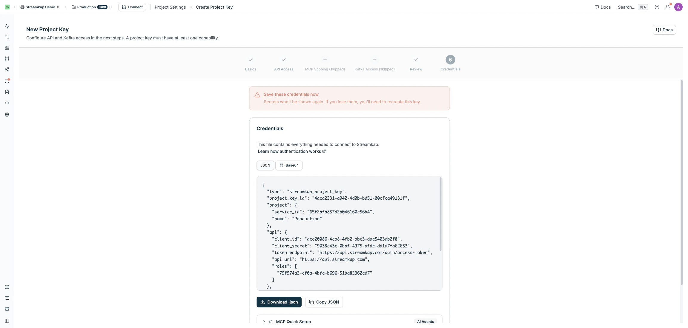 Credential file display with download and copy options