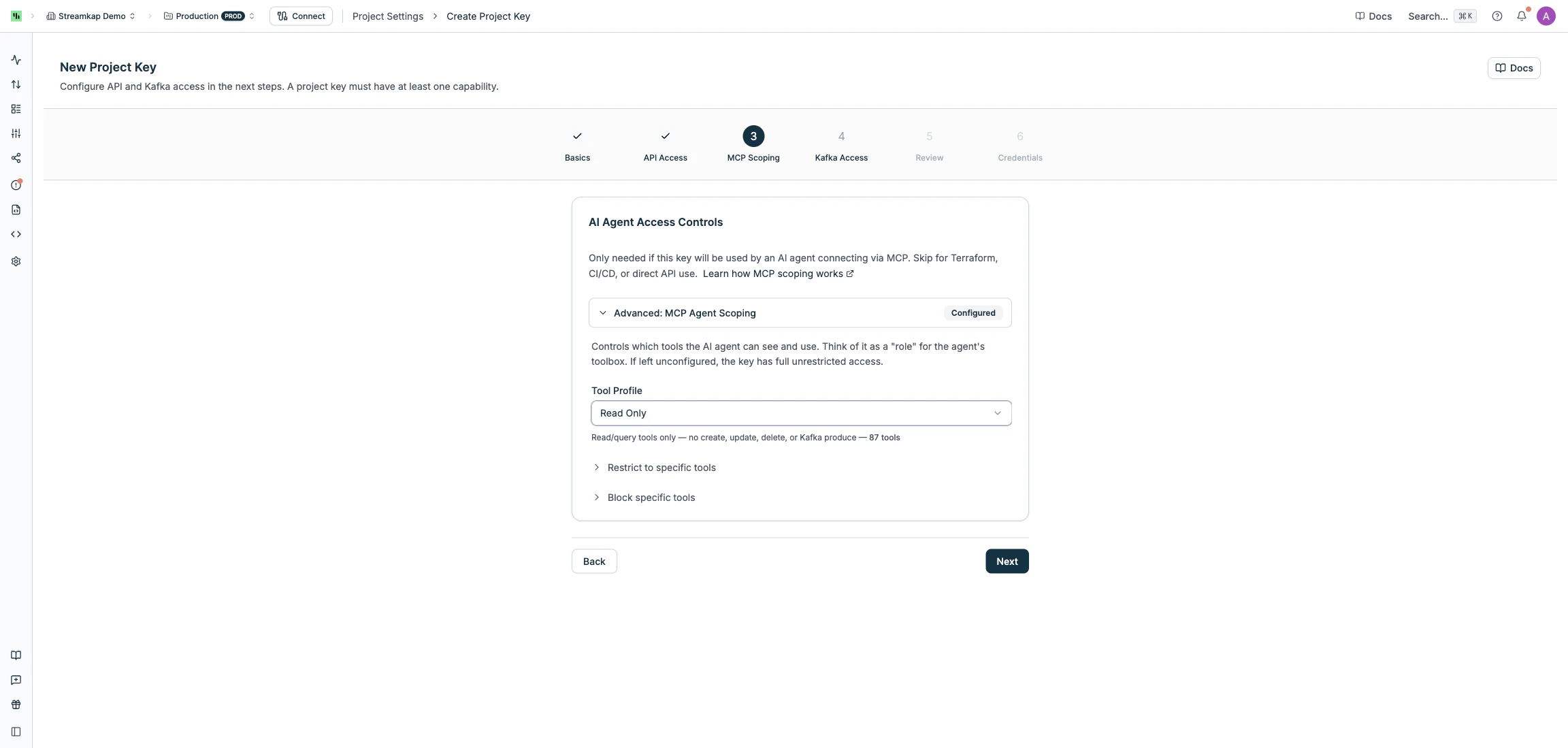 MCP Tool Scoping step with profile selector and tool lists