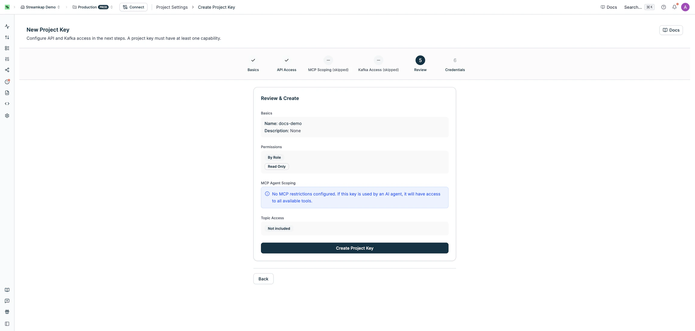 Review step showing summary of all settings