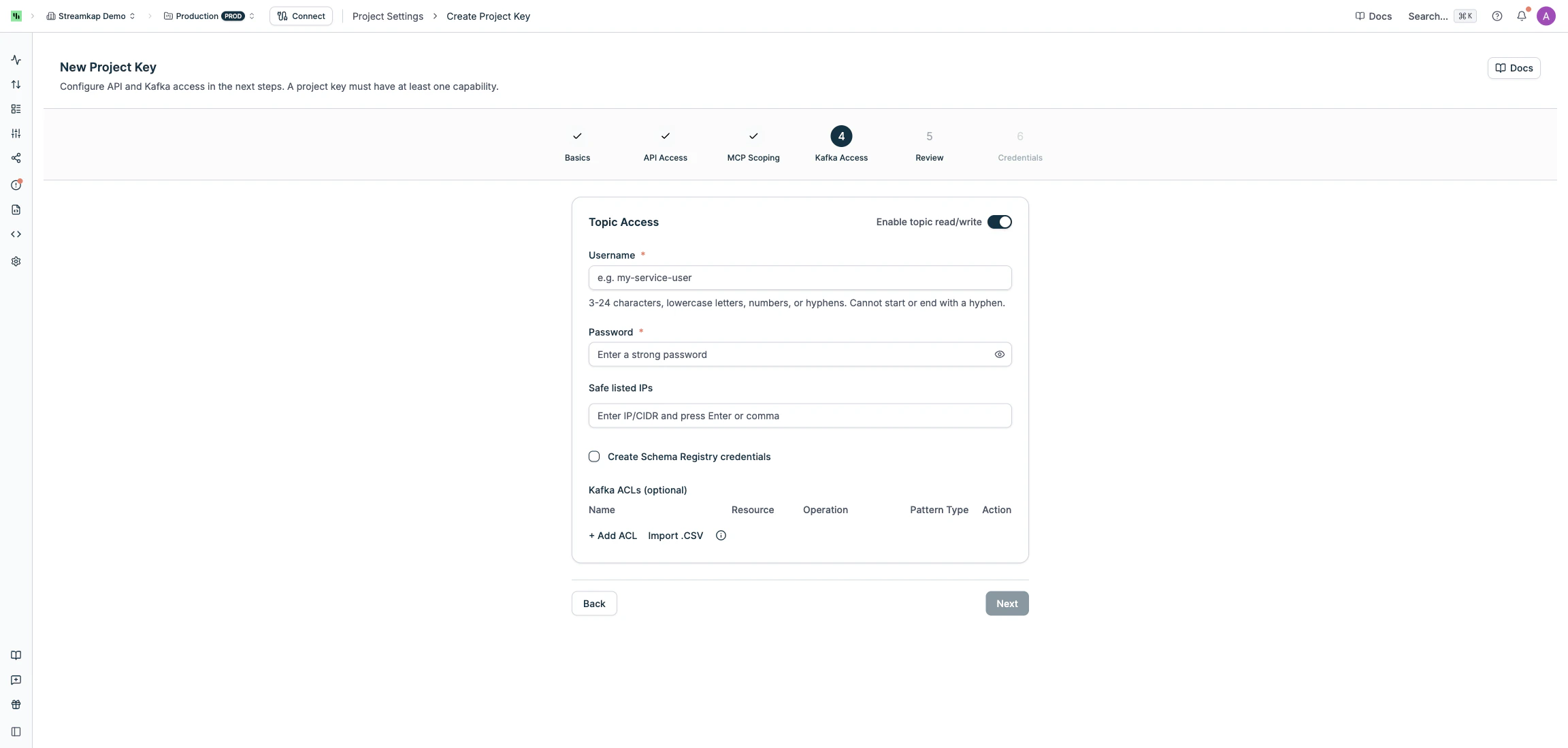 Kafka Access step with username, password, safe listed IPs, and ACL configuration