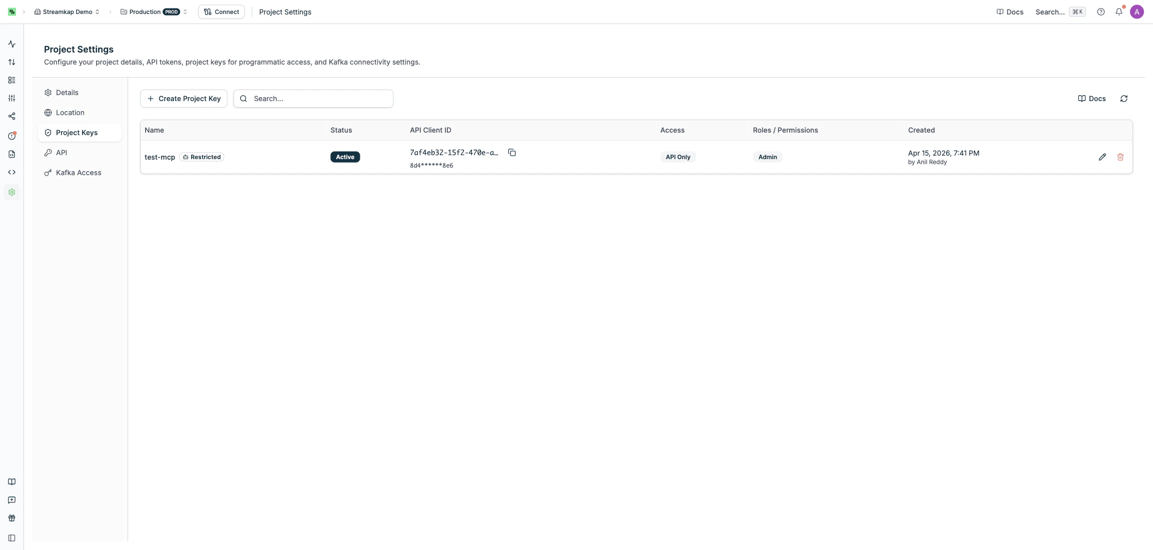 Project Keys list page showing keys with status, access type, and actions
