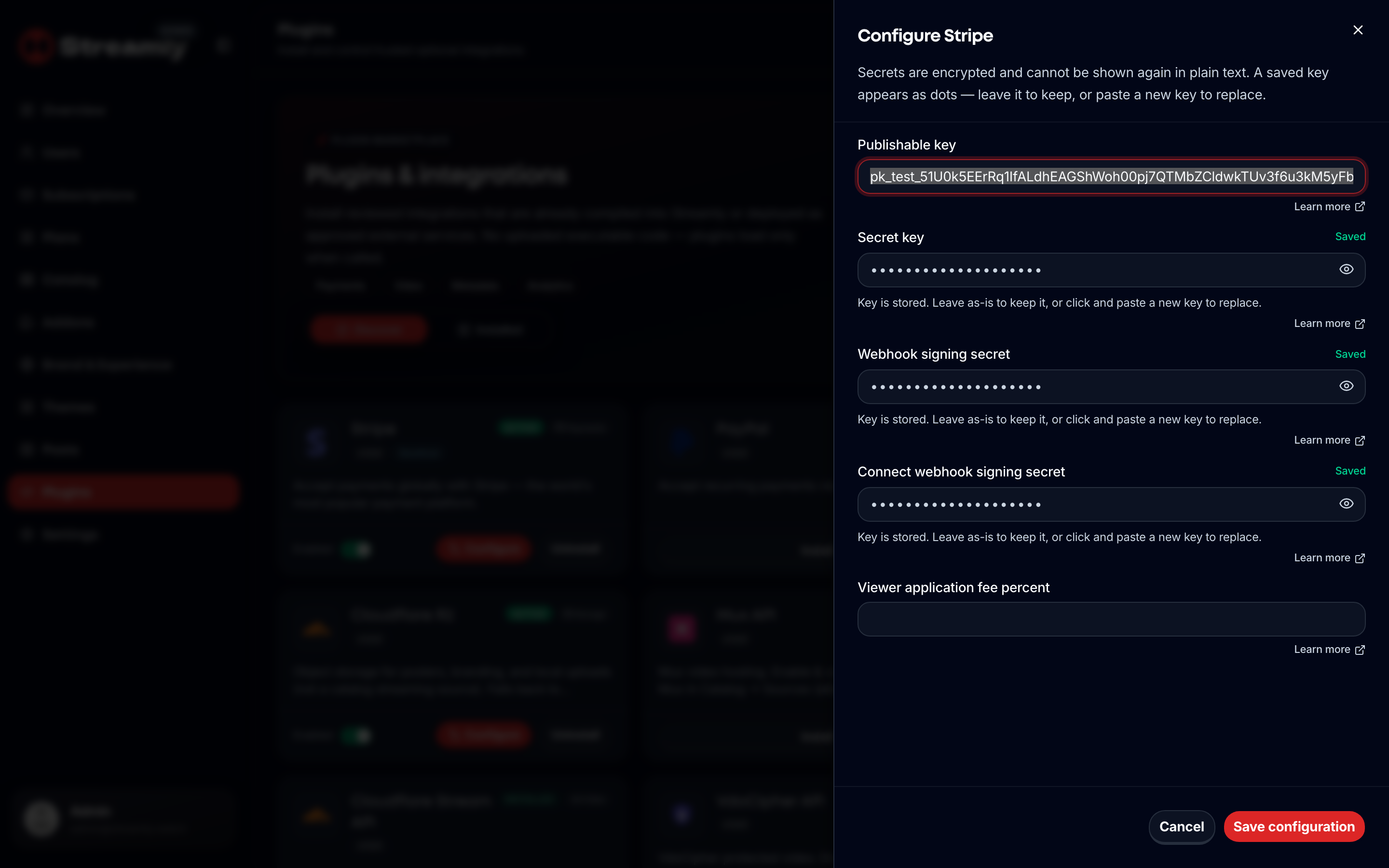 Streamly admin Stripe plugin configure sheet with encrypted API key fields.