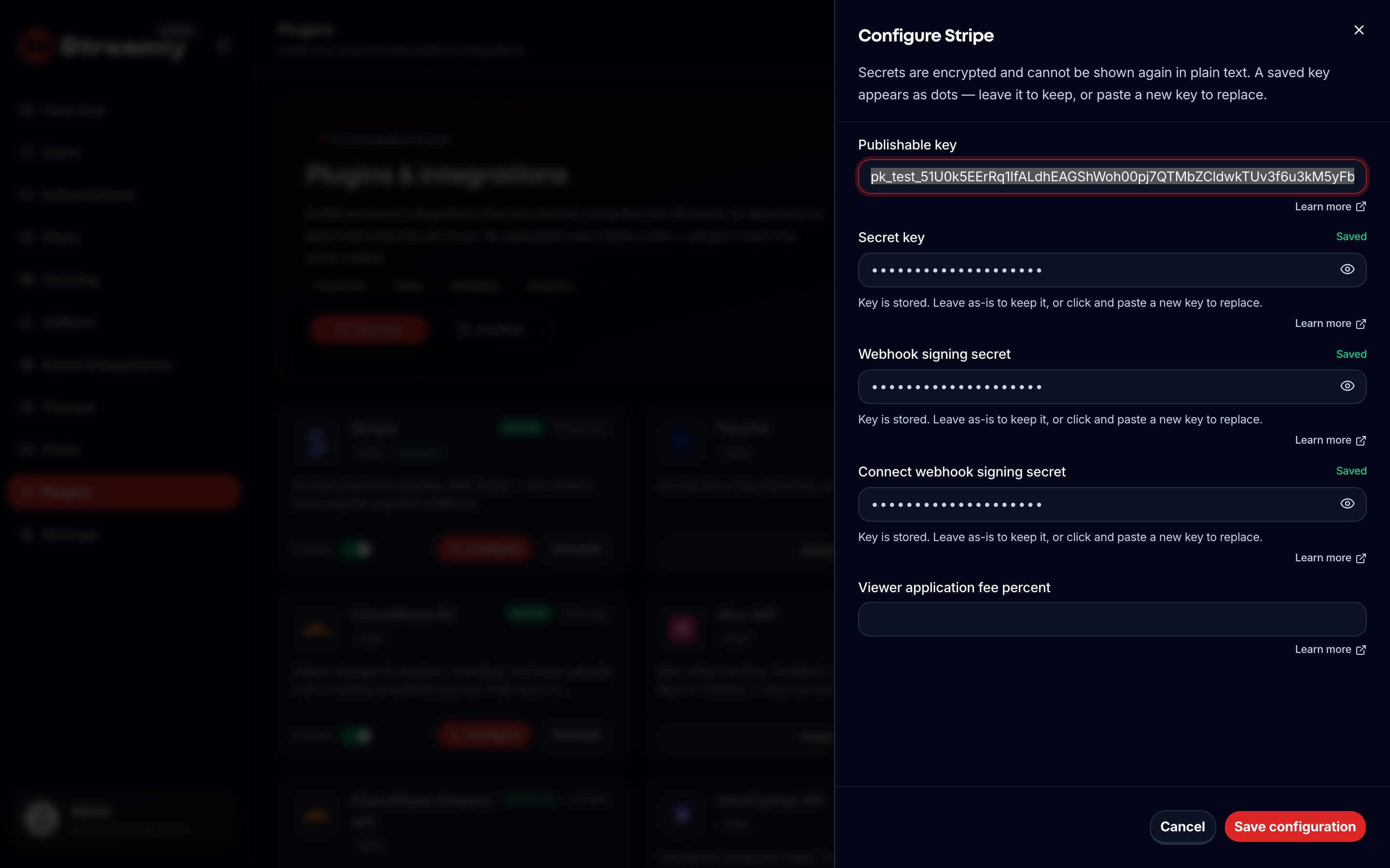 Streamly admin Stripe plugin configure sheet with encrypted API key fields.