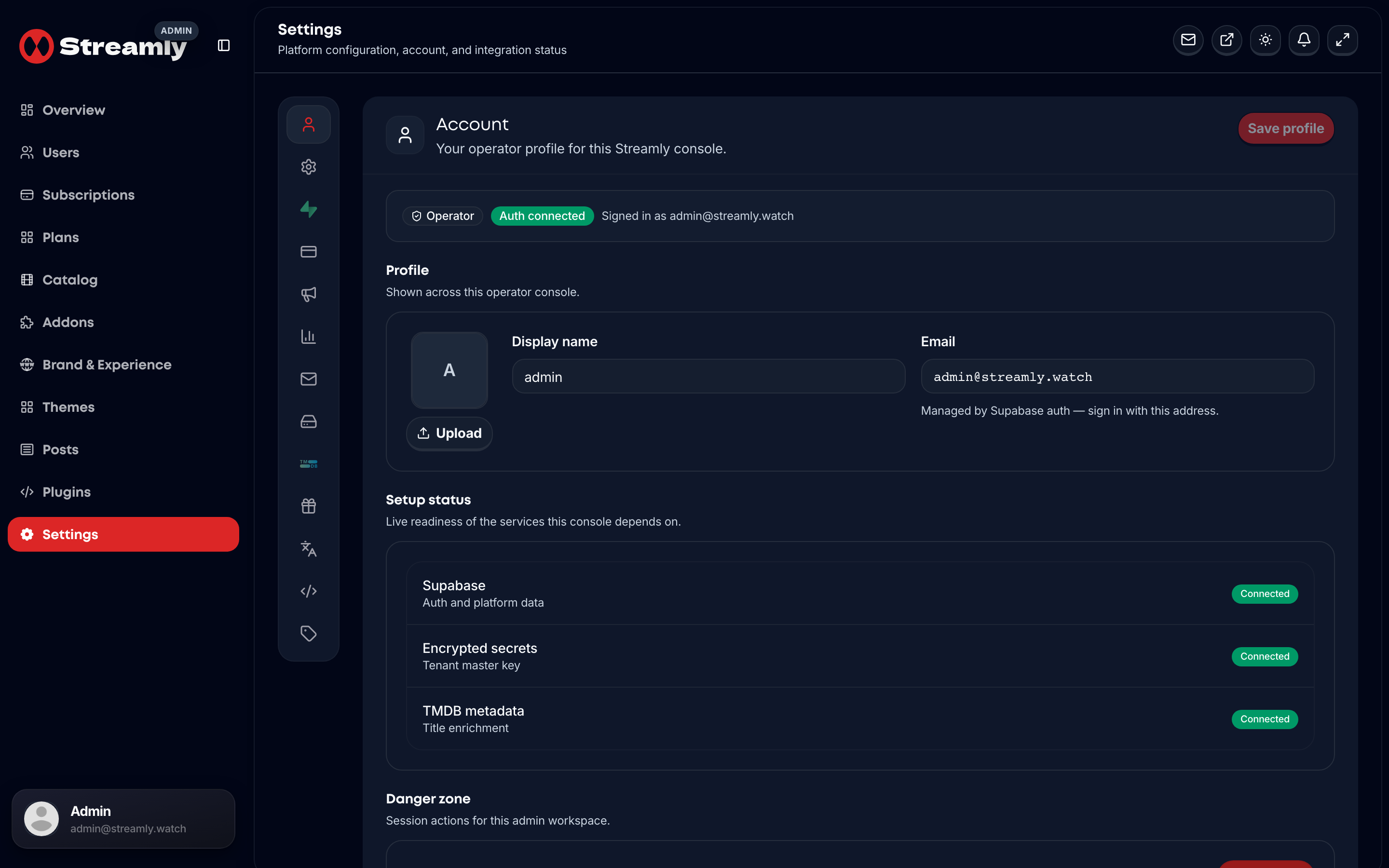 Streamly admin Settings showing Auth connected via Supabase for the operator console.