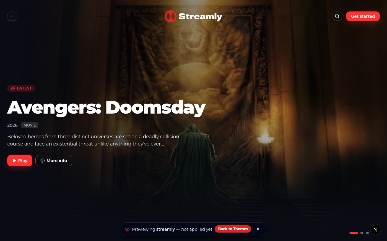 Streamly theme storefront preview with centered Streamly logo and hero.