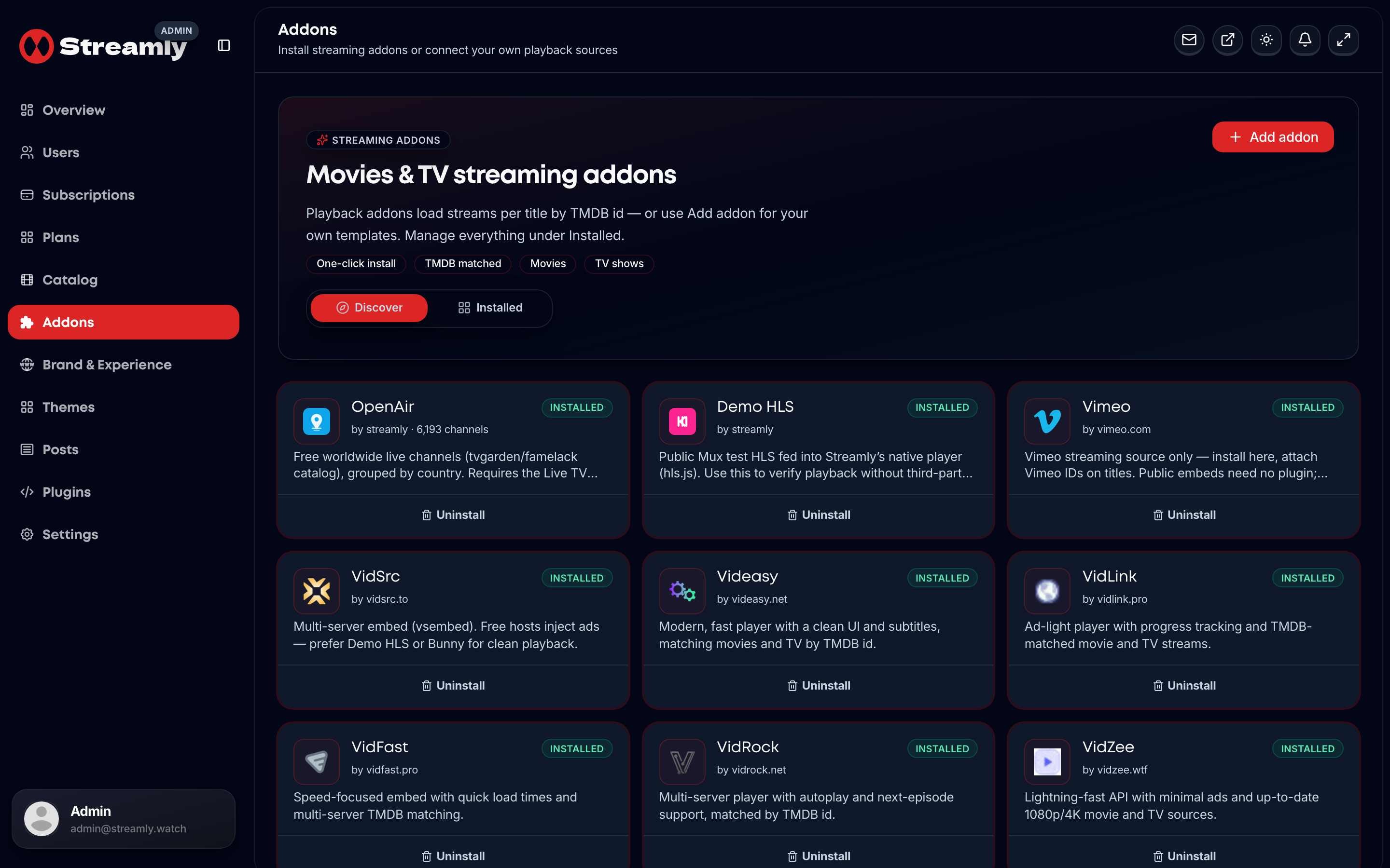 Streamly admin Addons Discover page for streaming source packs.