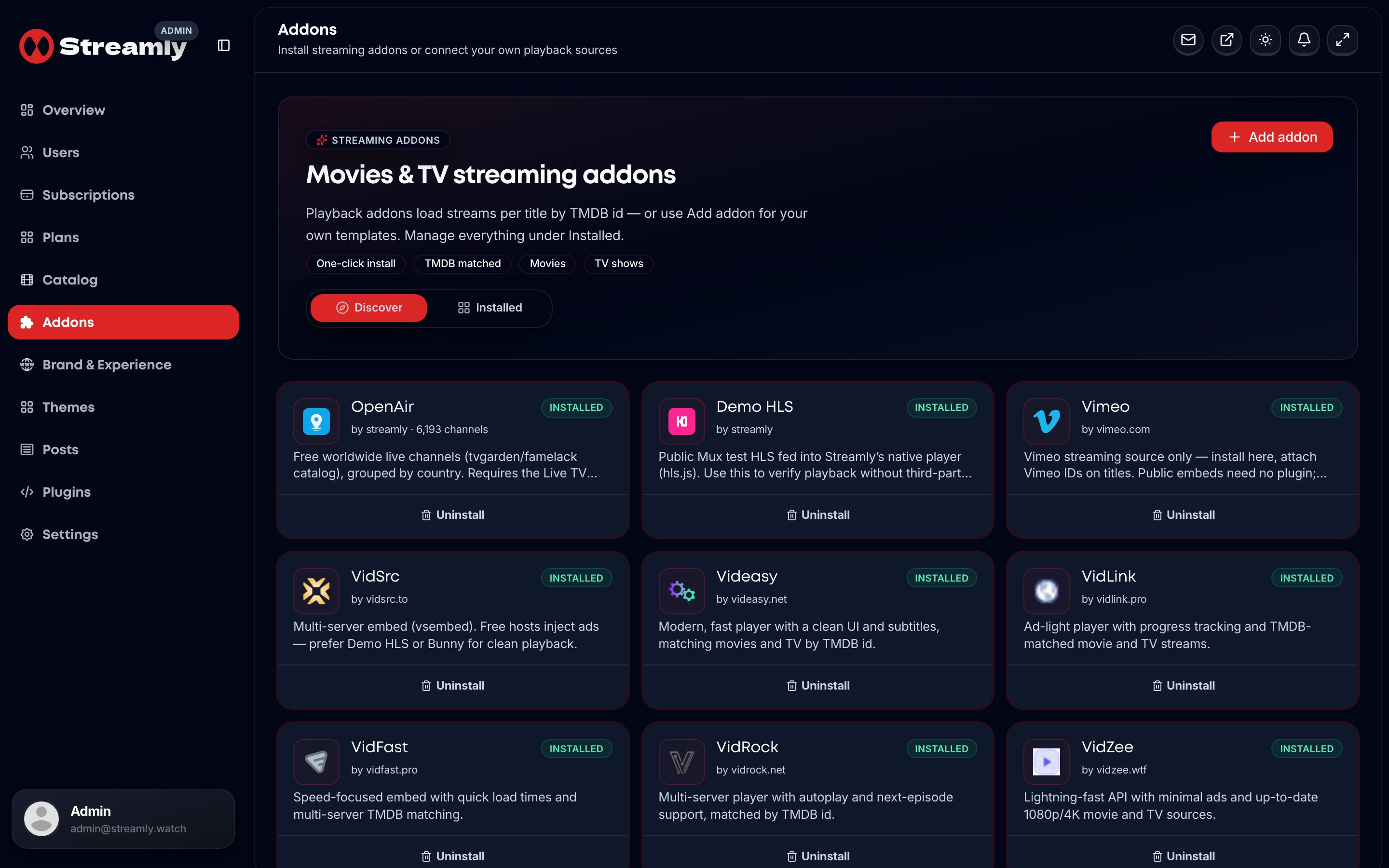 Streamly admin Addons page for discovering and installing streaming source packs.
